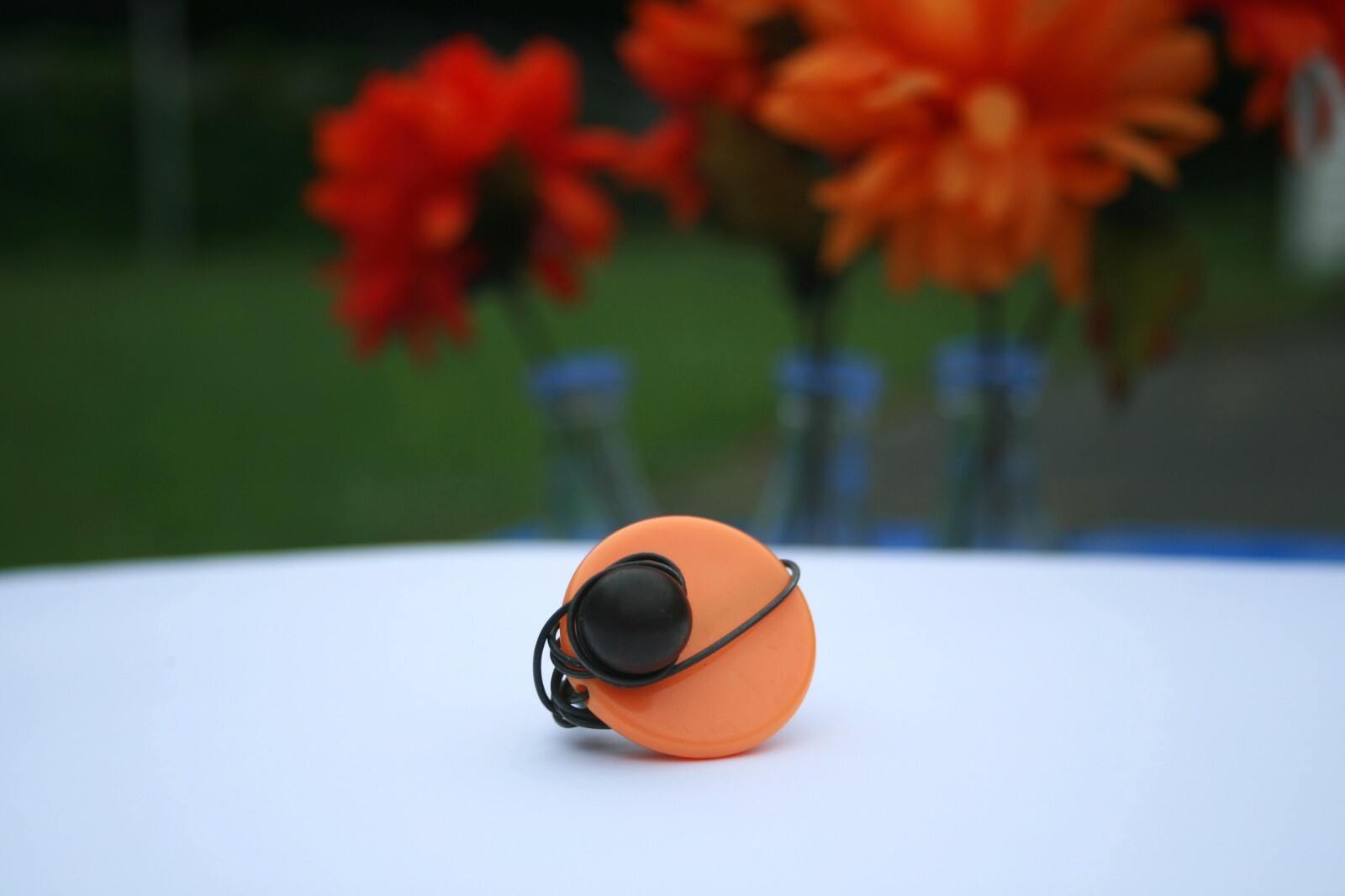 Large Wire Wrapped Statement Ring, Orange Disc with Ball Charm, Size 8, NEW
