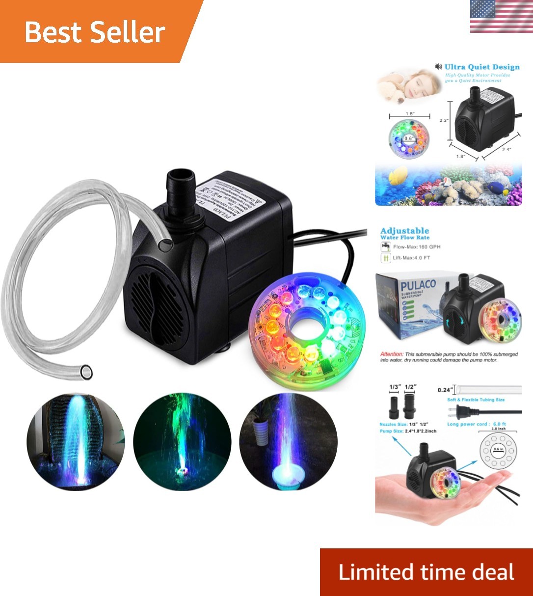 Elegant Submersible Fountain Pump with 12 LED Lights and Adjustable Flow Control