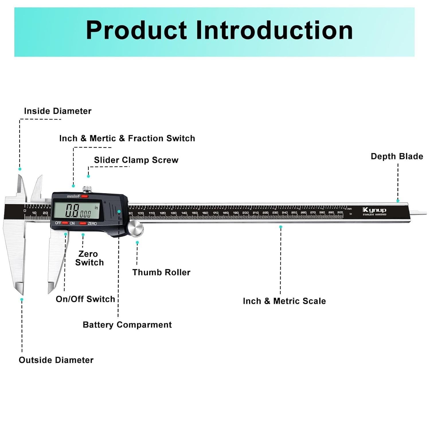 Precision Vernier Caliper - 12'' Digital Tool with Fraction & Metric Conversion