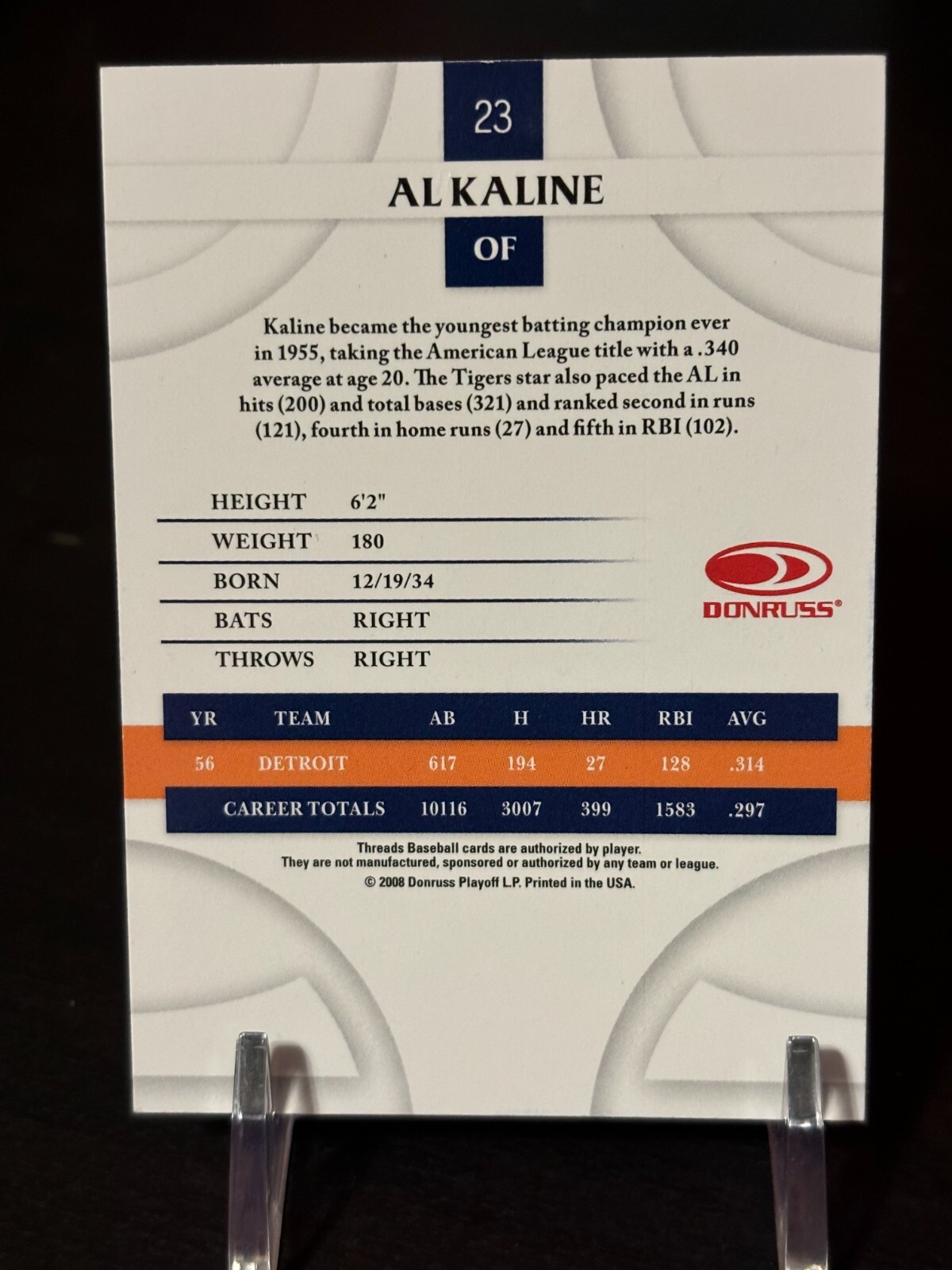 AL KALINE 2008 DONRUSS THREADS #23 AUTOGRAPHED