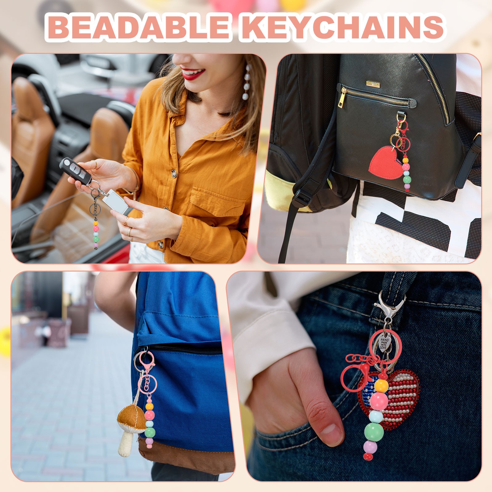 20Pcs Beadable Keychains, DIY Beaded Keychain Making Kit, Gray