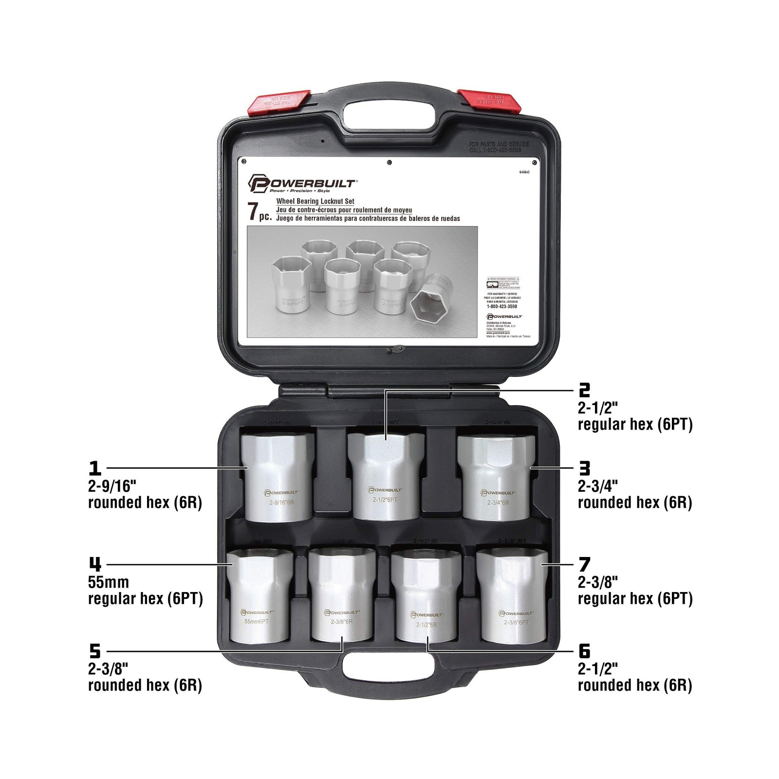 Powerbuilt Wheel Bearing Locknut Socket Set, 7 Piece Remover Tool Kit, Rounde...