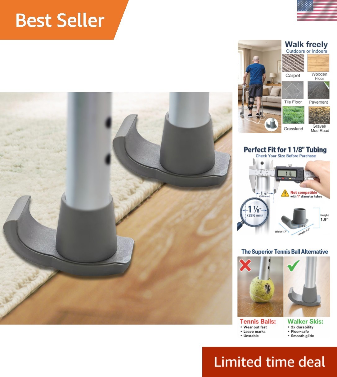 Universal 1-1/8 inch Walker Glides: Effortless Mobility for Seniors | 2 Pack