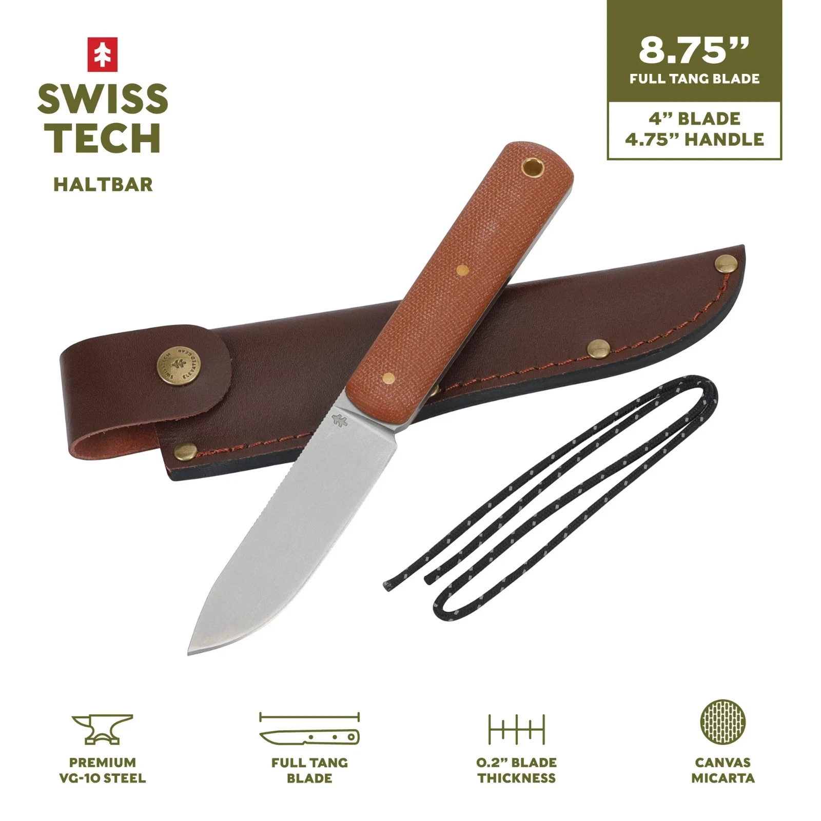 Swiss Tech Haltbar Knife VG-10 Full Tang Steel Blade + Canvas Micarta Handle NEW