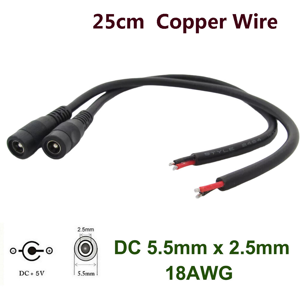 100 DC Power Supply Pigtail Cable 5.5mm x 2.5mm Female CCTV LED Strip 18AWG 25cm