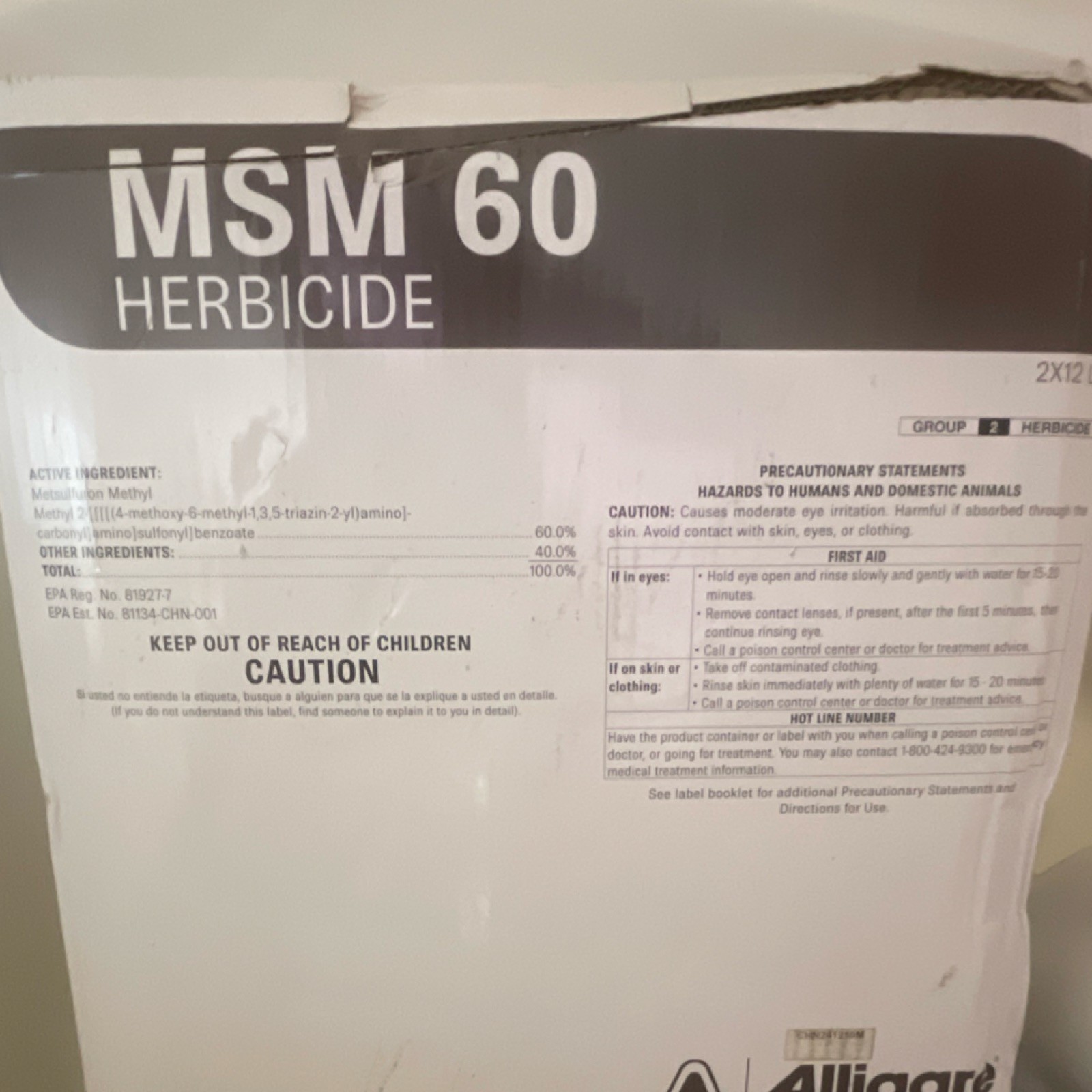 Alligare MSM 60 Concentrated Herbicide, Model 81927-7, EPA Reg No. 81927-7