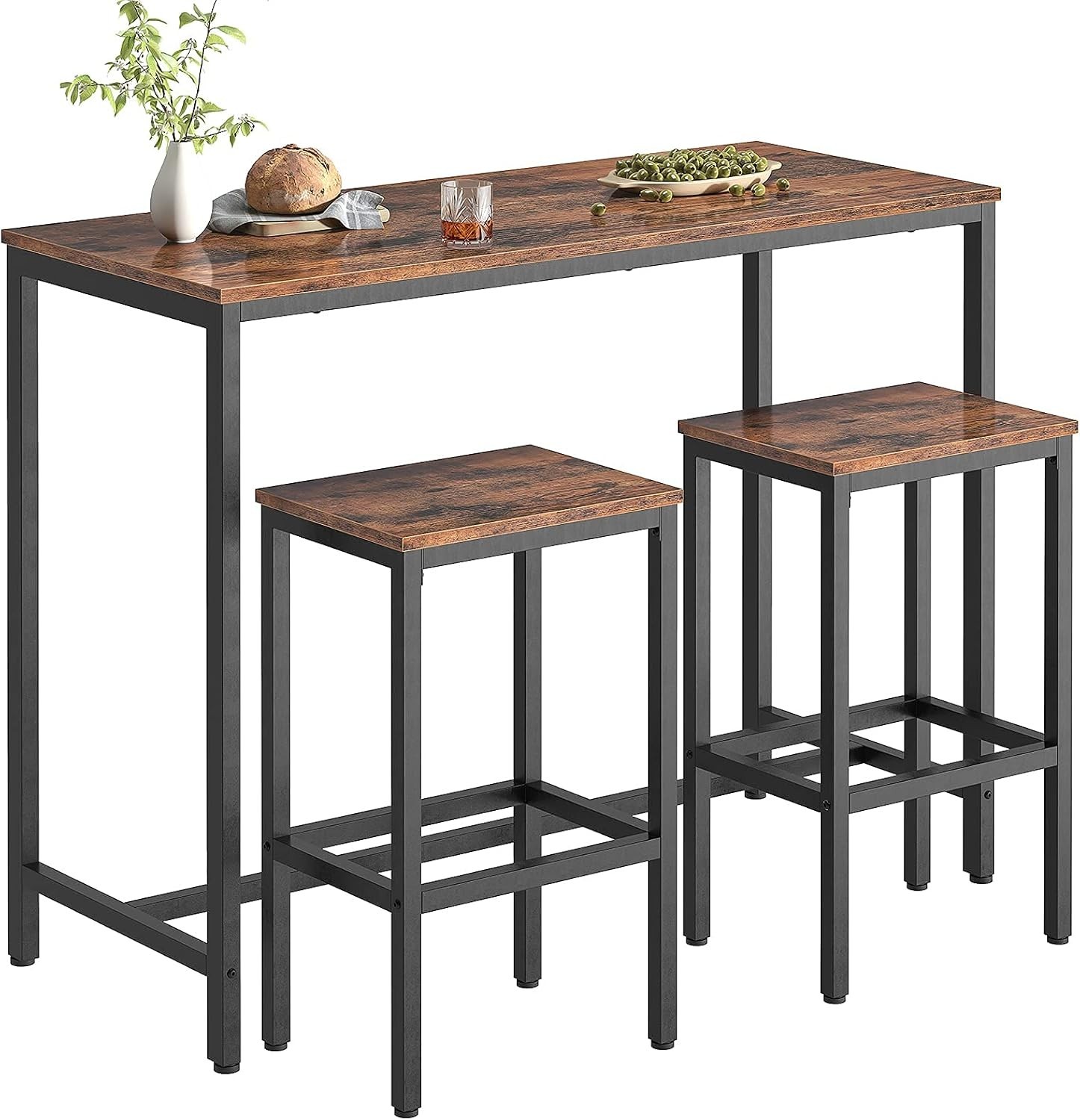 Table Chairs Set 47.2 Inch Rectangular Pub Steel Frame Rustic Brown