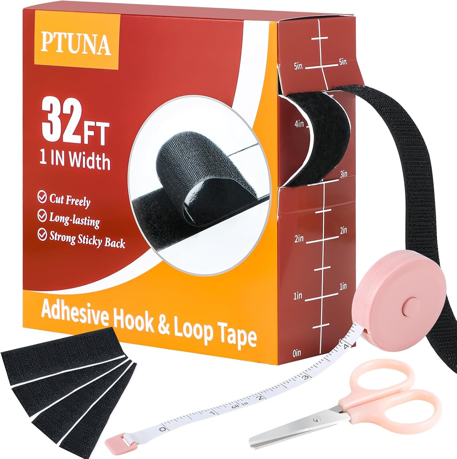 32Ft Hook and Loop Tape Adhesive Back Heavy Duty Strips Black 1in Roll