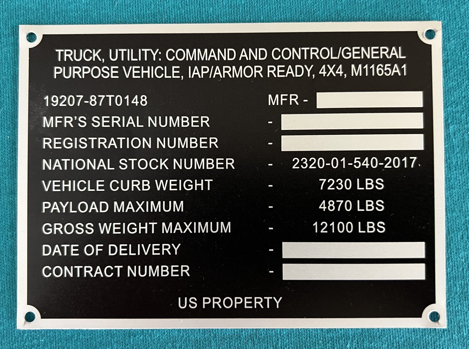 HMMWV Military Data Plate M1165 US ARMY USMC M1165A1 Humvee