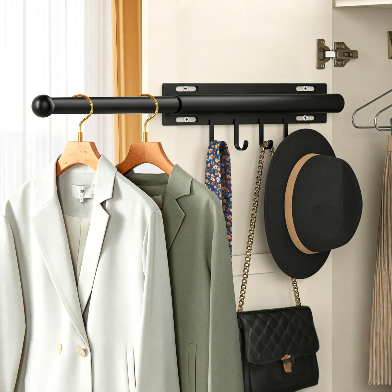 Valet Rod for Closet Retractable with 4 Hooks, 13.4"-23.2" Pull Out Clothes H...
