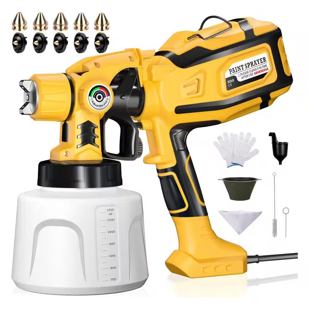 1200W HVLP Paint Sprayer with 1.4L Container, 5 Nozzles, 3 Spray Patterns, Adjus