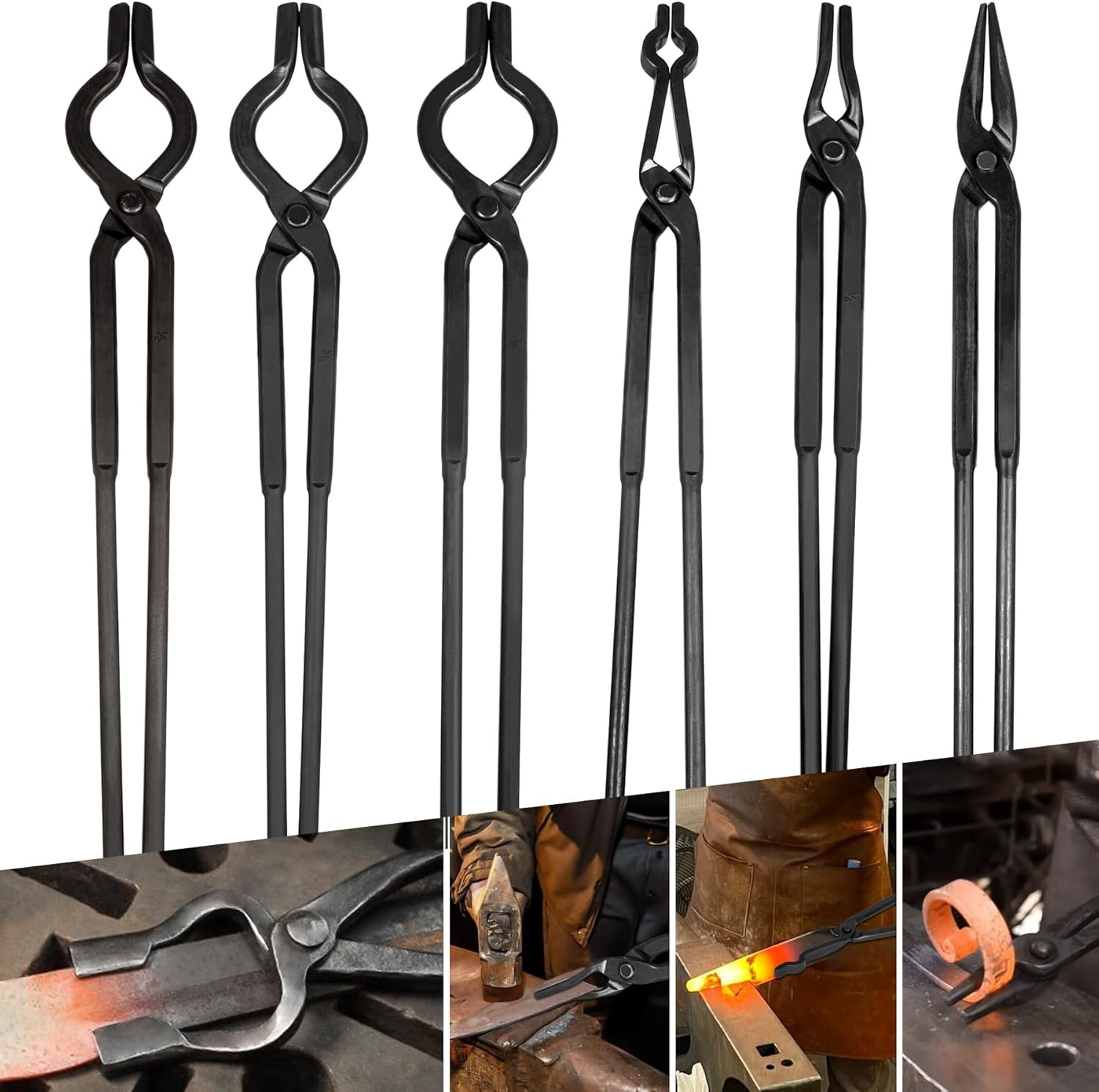 Beginner Blacksmith Tongs Forge Tong Set V-Bolt Tongs Flat Jaw Tong etc (6Pcs)