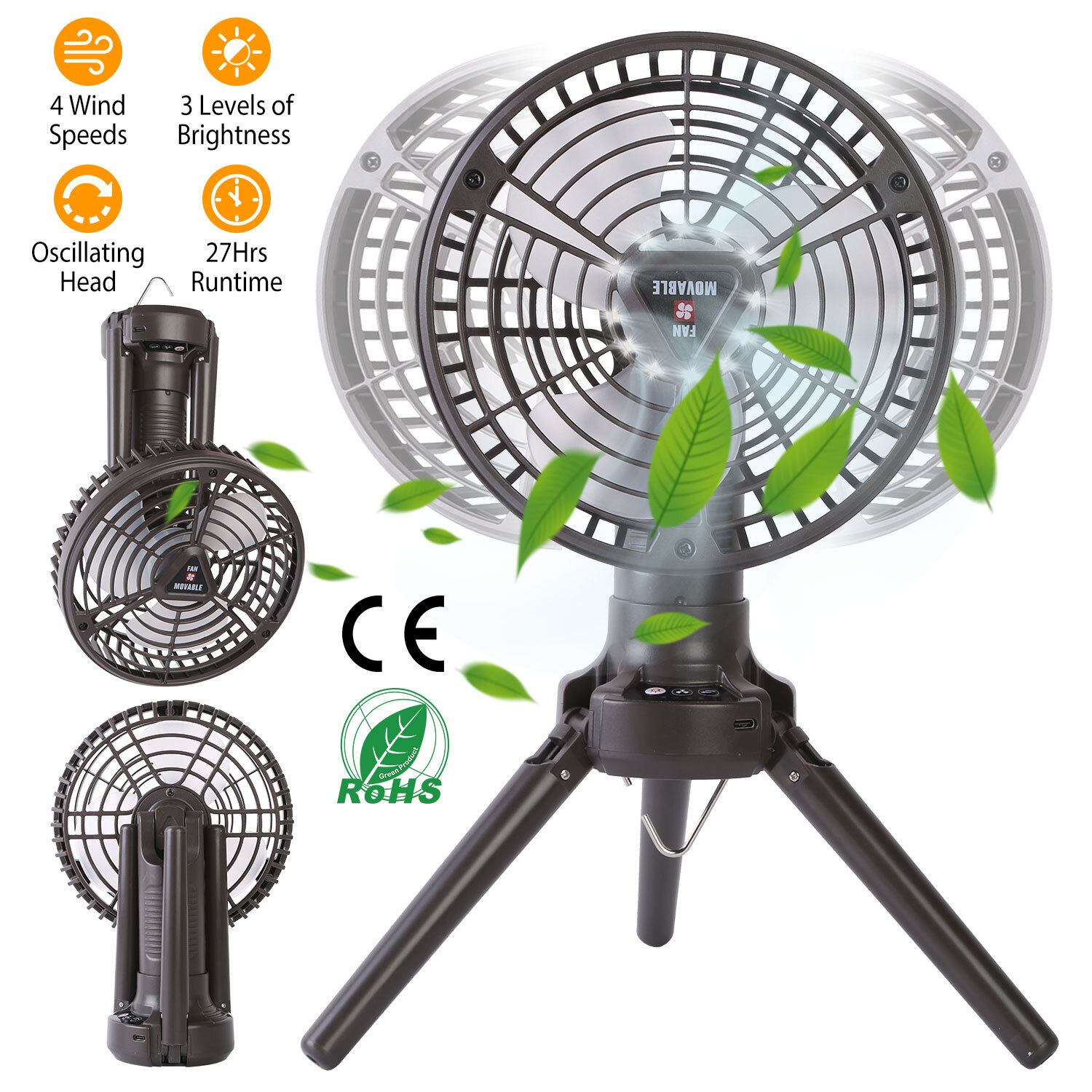 Portable Camping Fan w/LED Rechargeable 4 Speeds 3 Brightness Hanging 10400mAh