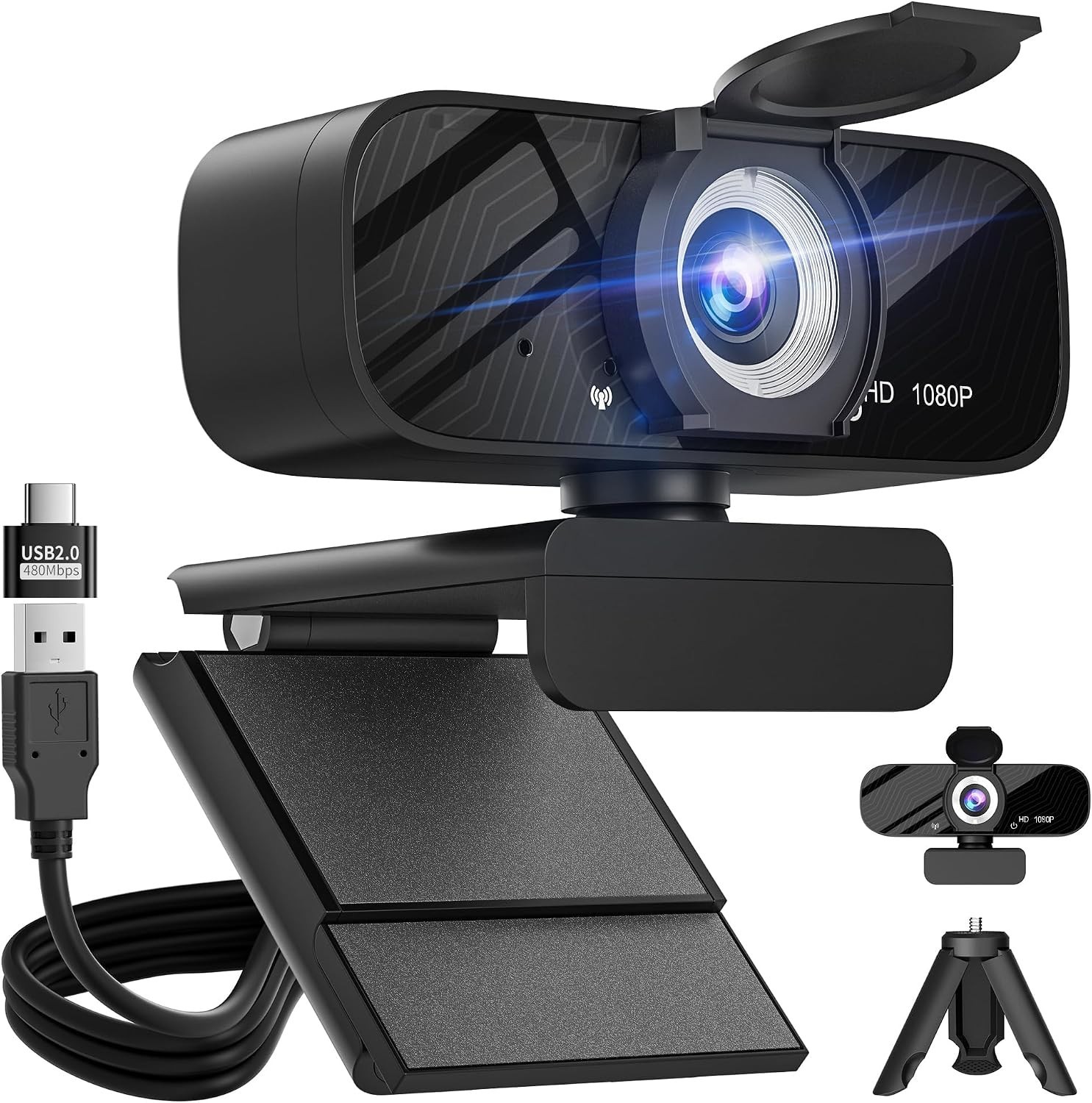 Gohero Full HD 1080P Video Webcam, Noise Cancellation, Privacy Cover, Wide-Angle