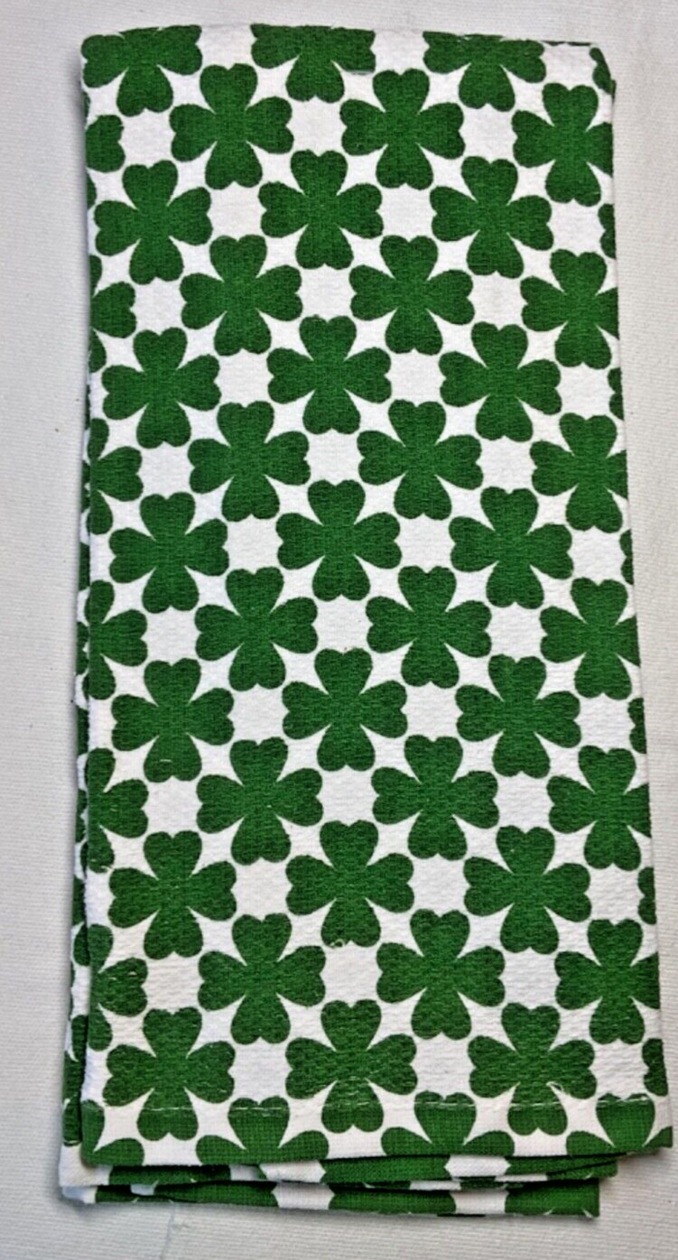 COLORDRIFT KITCHEN TOWELS (2) WHITE GREEN SHAMROCKS 18 X 28 COTTON NIP