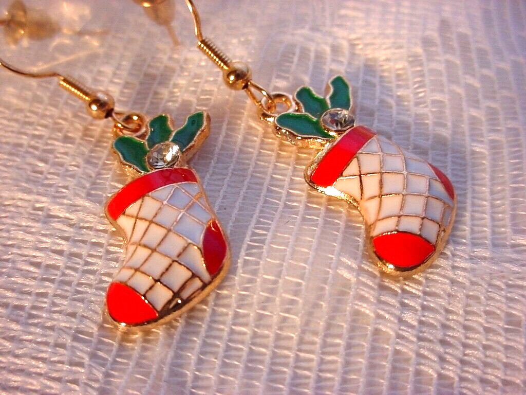 Christmas Stocking Earrings Enameled Rhinestone Pierced