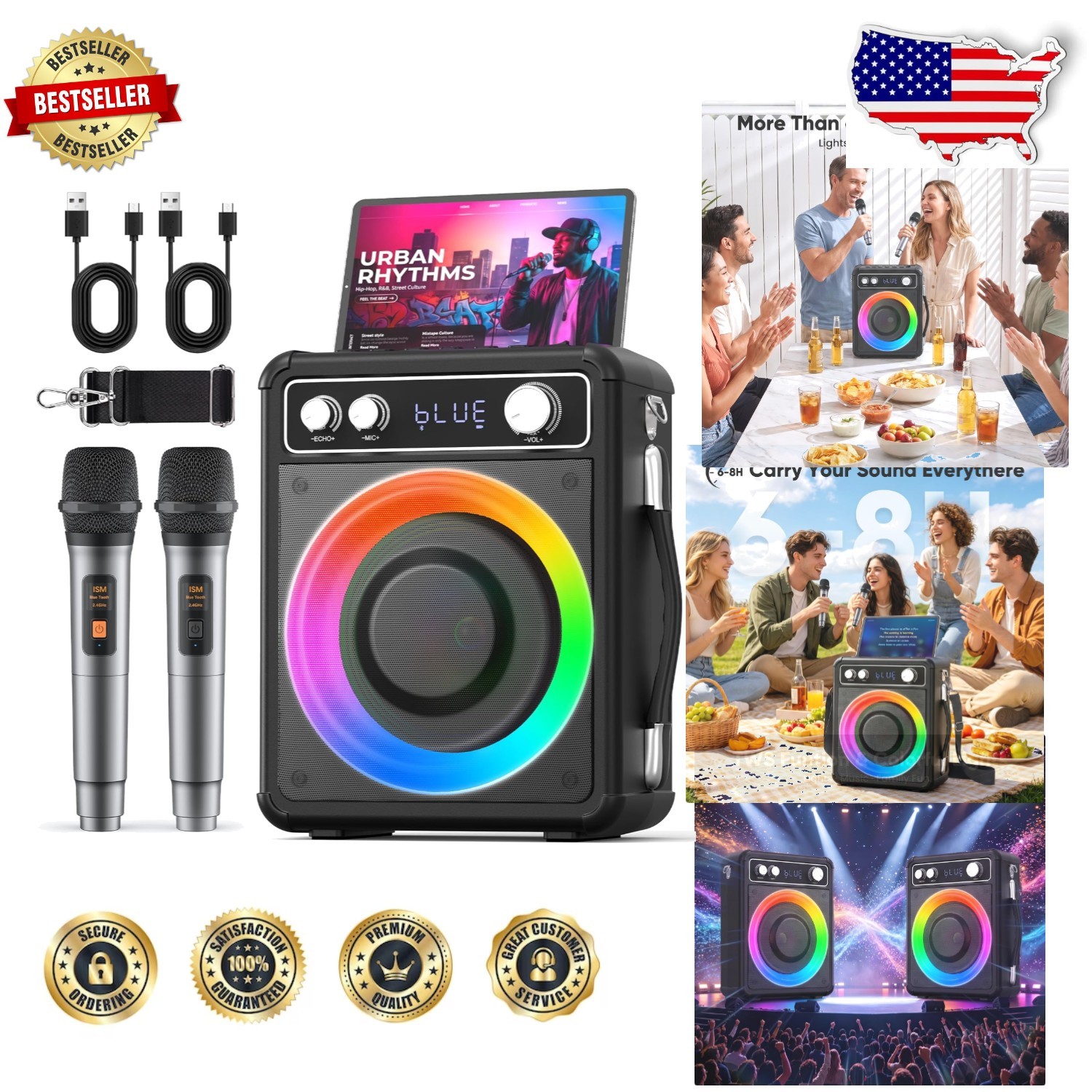 Portable Karaoke Machine 2 Wireless Mics Bluetooth PA System LED Lights