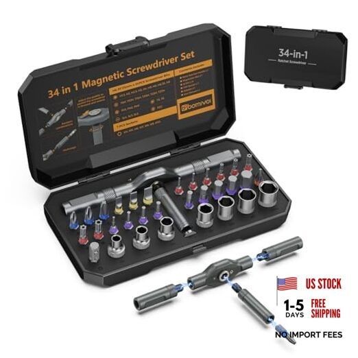 Upgraded Magnetic Screwdriver Set, Professional Ratchet Socket 34 in 1 1