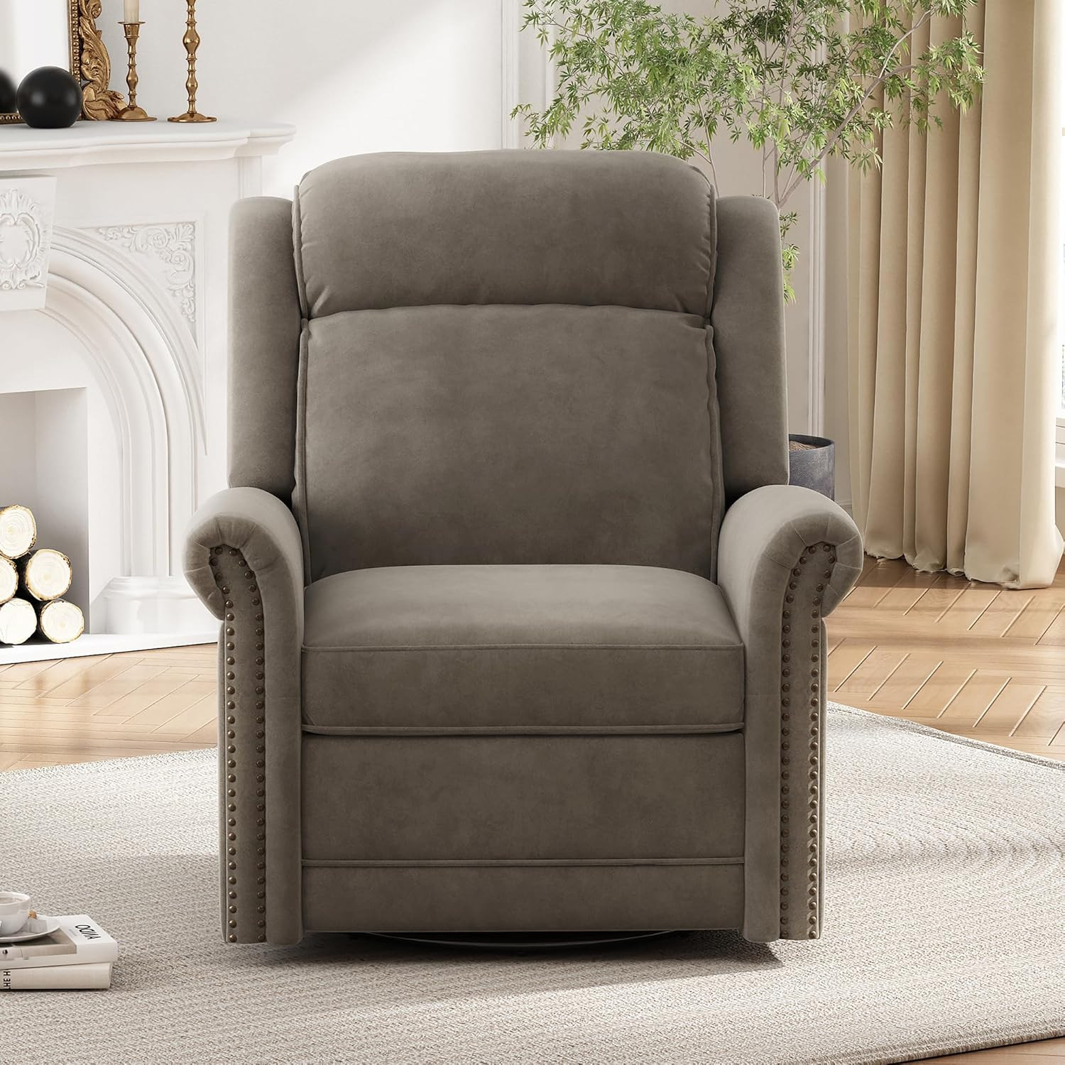 Light Brown Velvet Swivel Recliner with Adjustable Backrest & Nailhead Trim