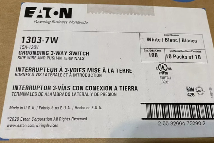 x100 Eaton 3-way Toggle Switches 1303-7W, 15 amp