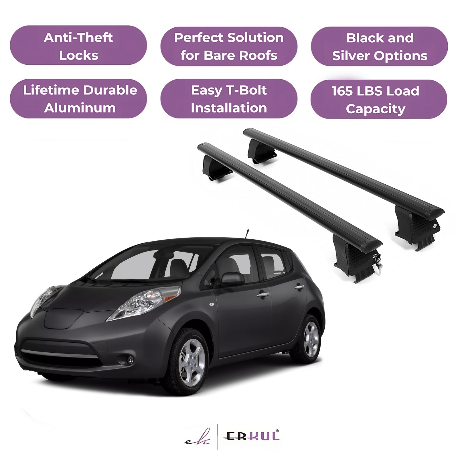 ERKUL Roof Rack Crossbars For NISSAN LEAF 2011-2017 Naked Roof Aluminum Black