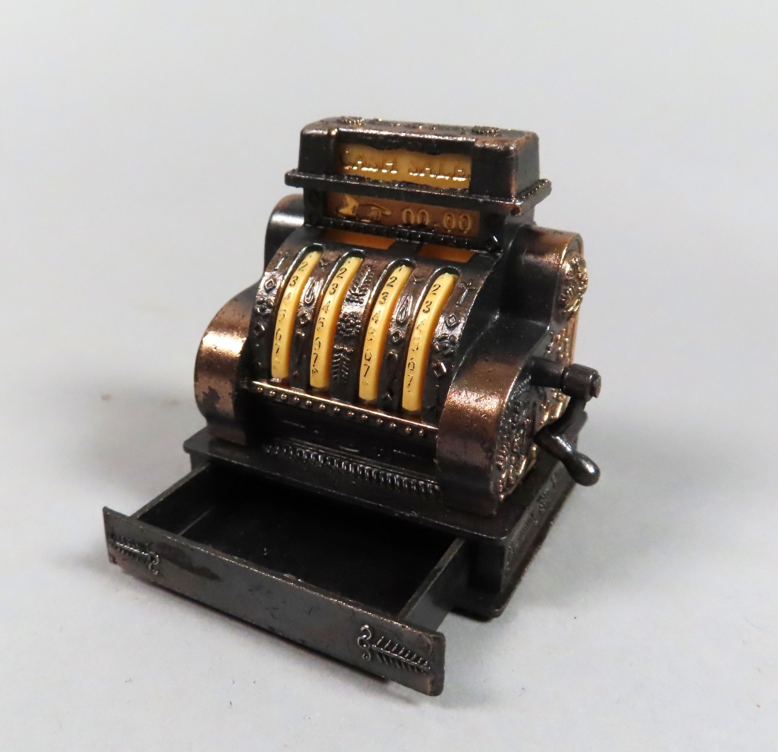 Vintage Die-Cast Miniature Cash Register Pencil Sharpener Drawer, Original Box