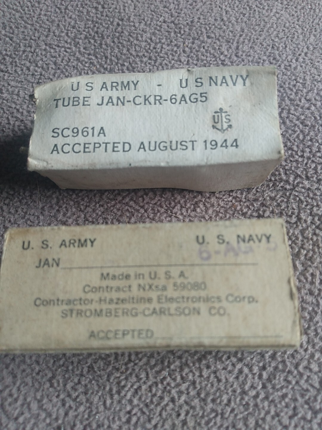 Lot of 2 Vintage 1944 US Army Navy JAN CKR 6AG5 Vacuum Tube NOS