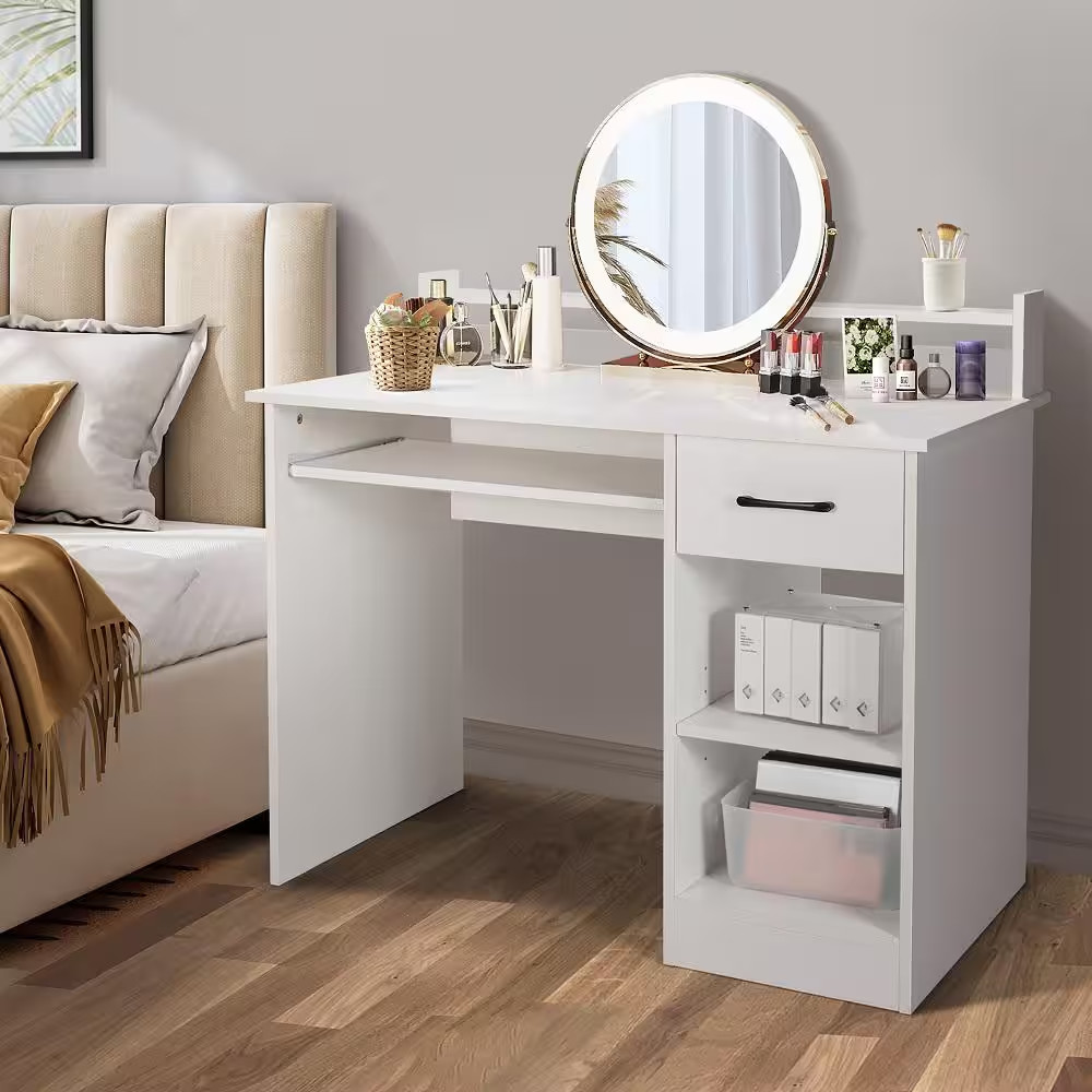 41.5 In. Rectangular White Wood Wide Computer Desk Writing Study Laptop Table wi