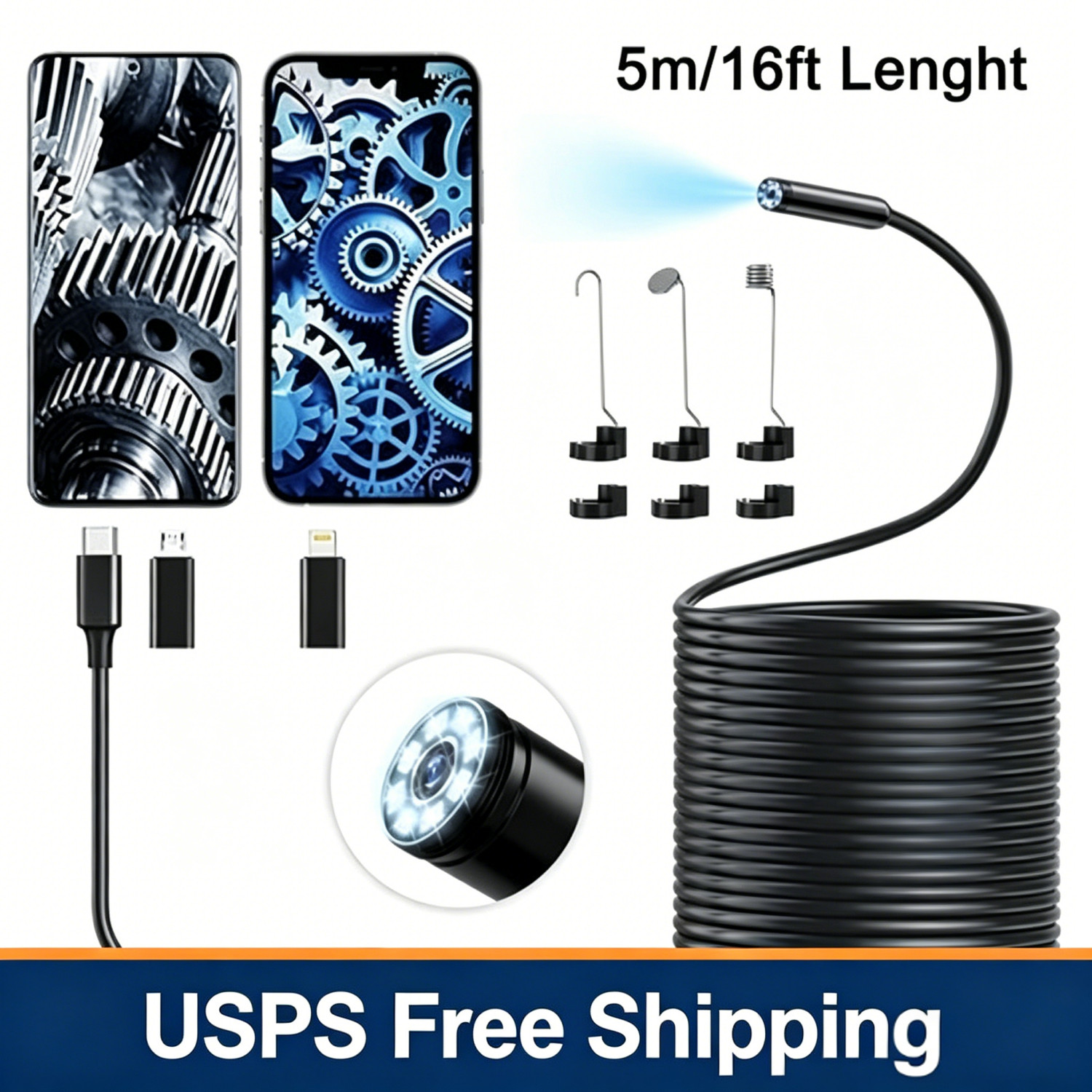 Endoscope Camera with Light,16.4ft 1920P HD Borescope Camera with 8 LED Lights
