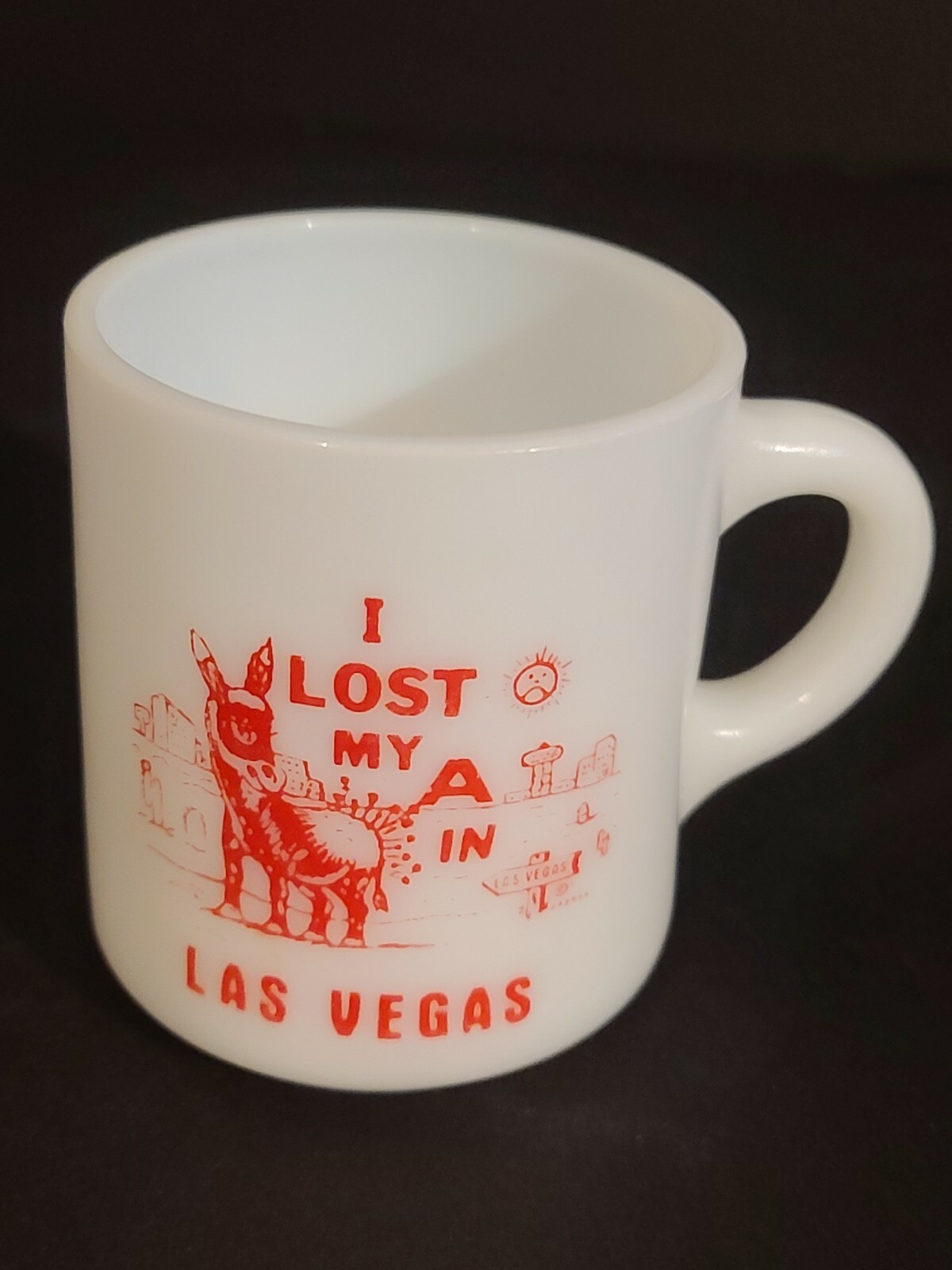 I Lost My Ass in Las Vegas Vintage Donkey Milk Glass Souvenir Coffee Mug