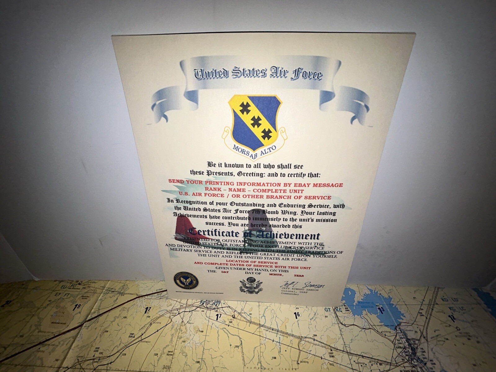 U.S.A.F. / AIR FORCE 7TH BOMB WING - CERTIFICATE OF ACHIEVEMENT