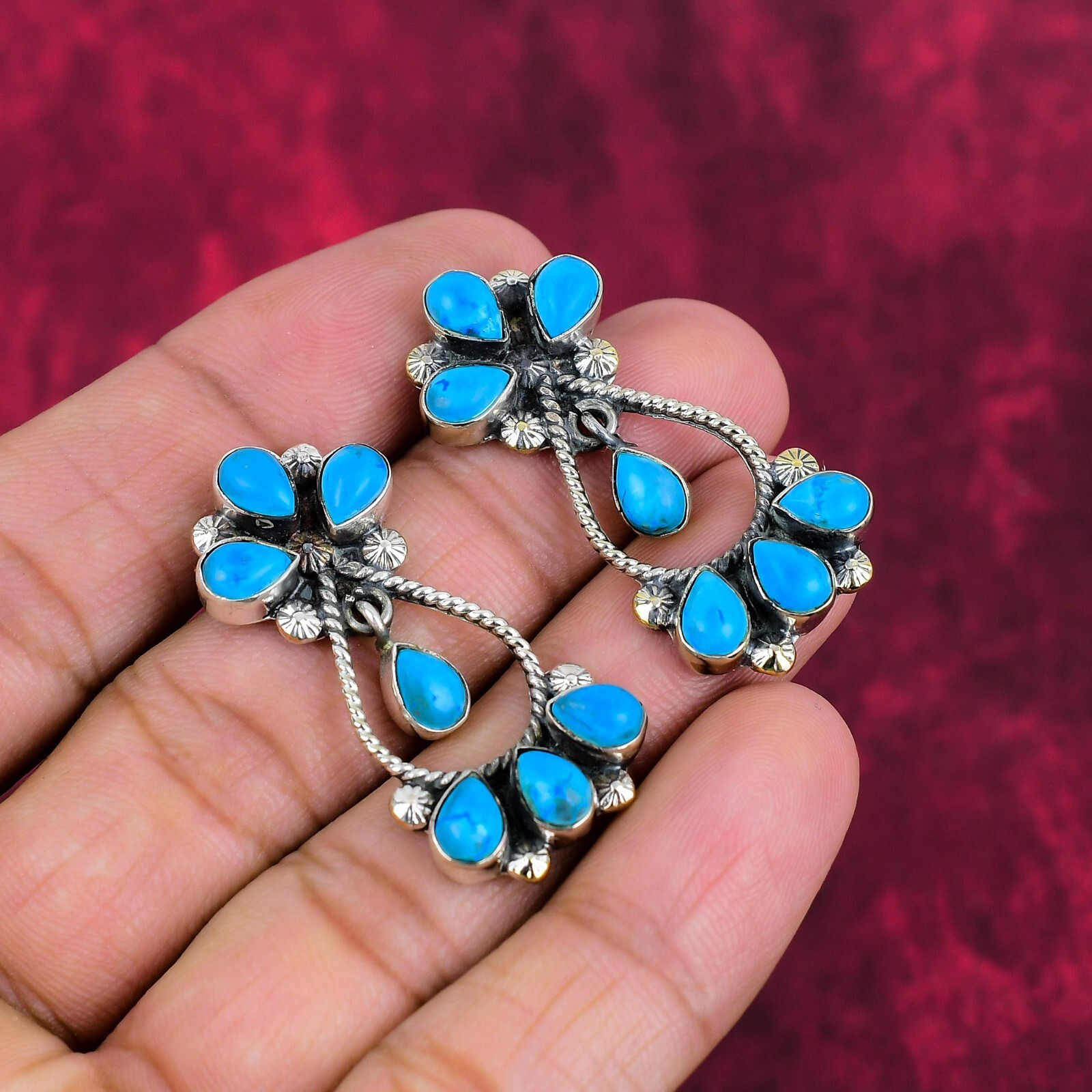 Blue Turquoise Gemstone Handmade 925 Sterling Silver Amazing Earrings Jewelry