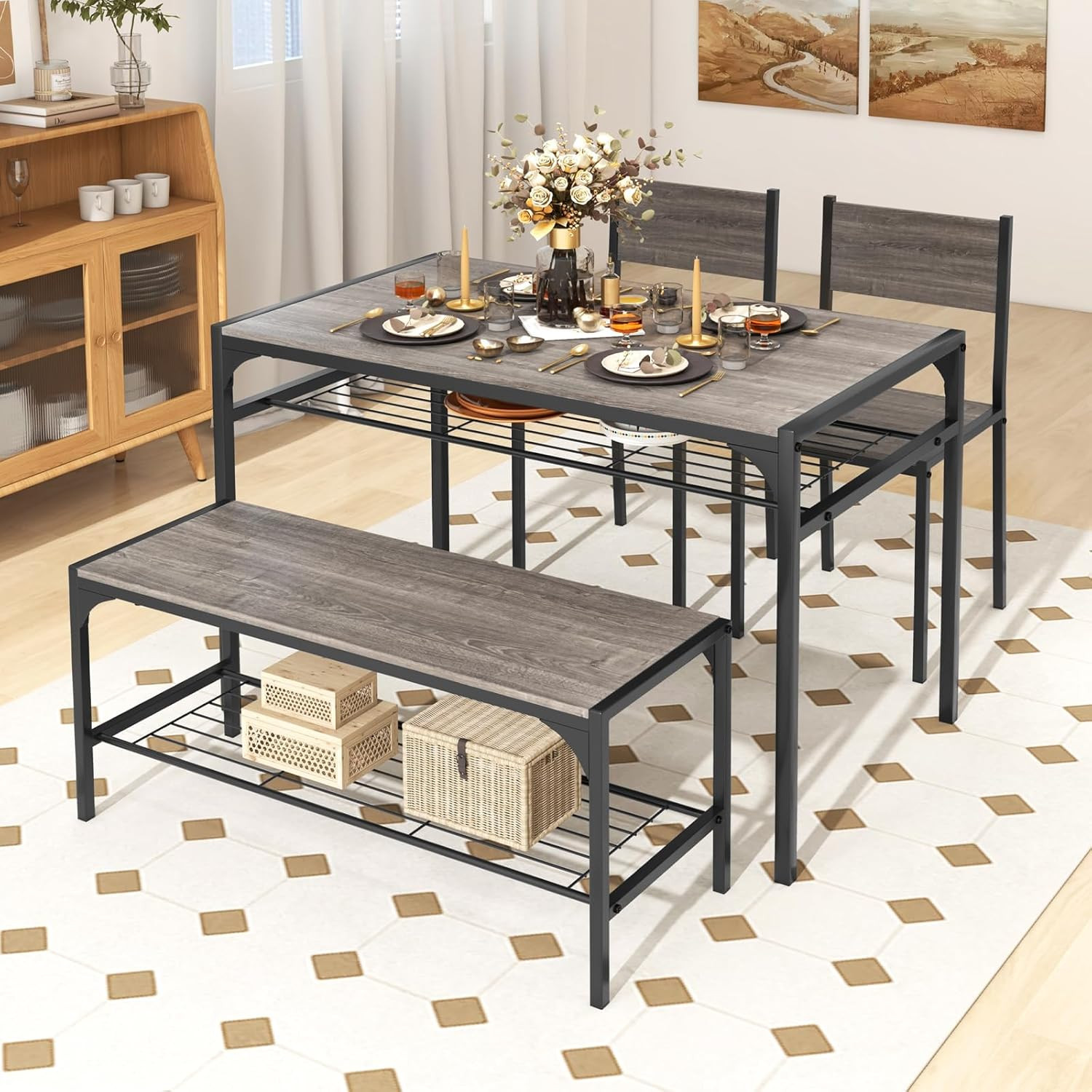 Compact 4-Piece Dining Set with Bench & Storage - Industrial Style (Black & Grey