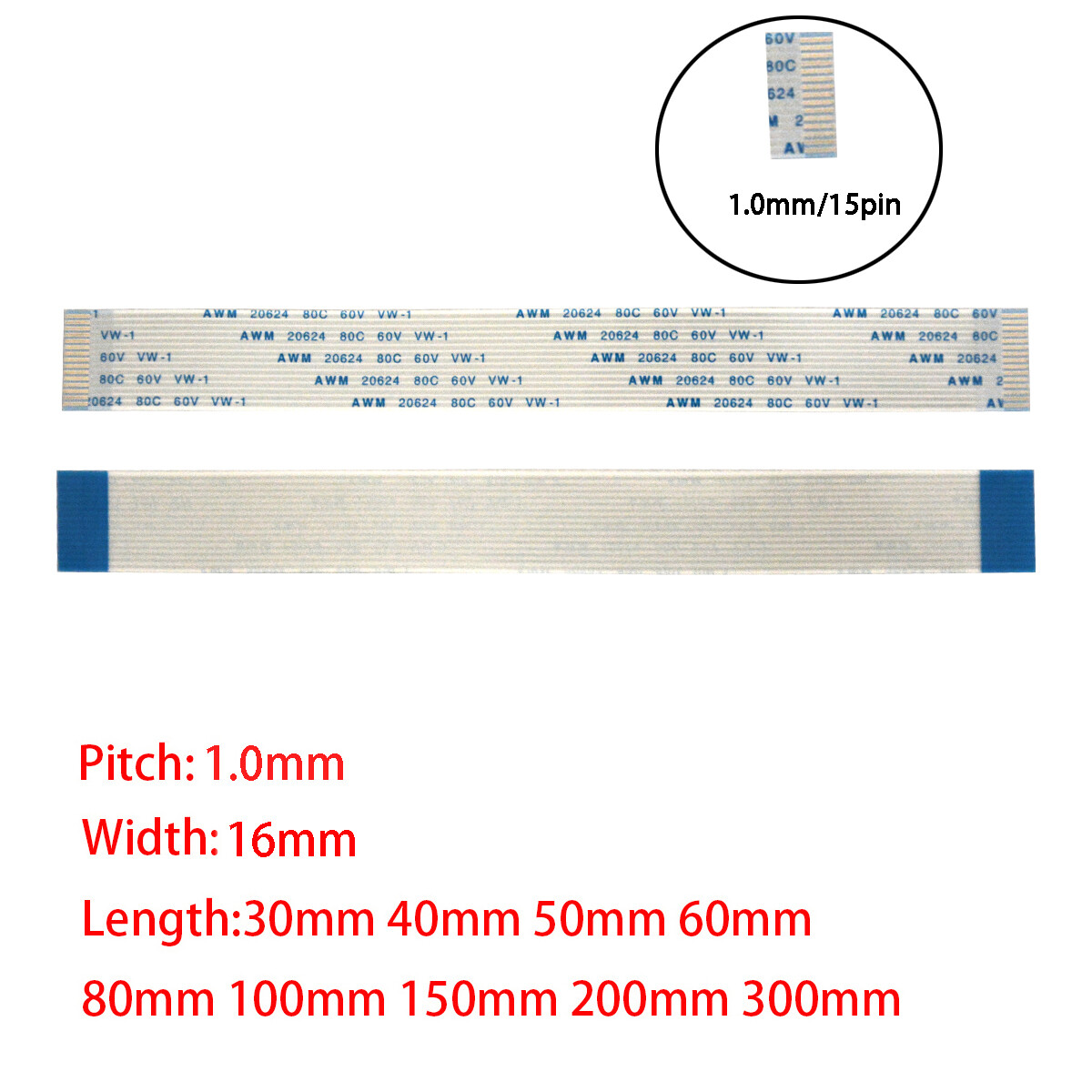 15Pin 1mm Pitch FFC FPC Flexible Flat Cable AWM VW-1 20624 80C 60V A B Type