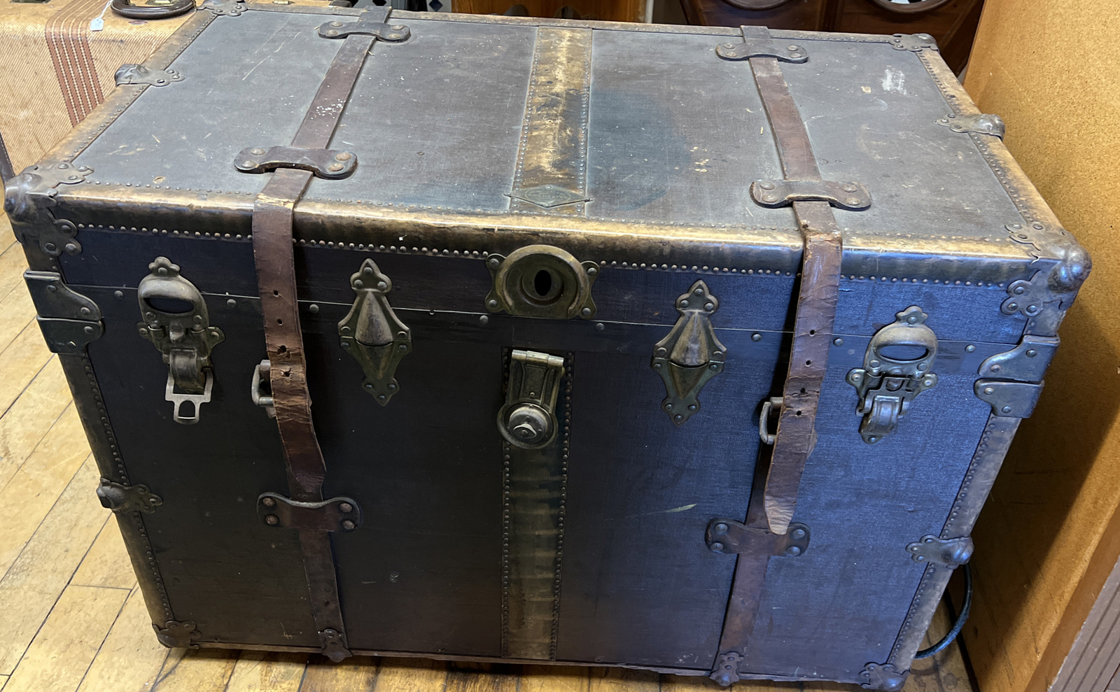 Vintage English Handmade Bridle Leather Steamer Trunk - Antique Leather Trunk
