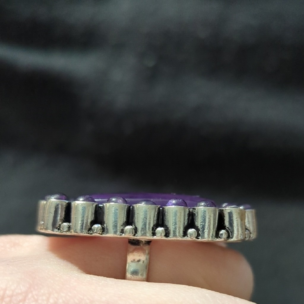 Silver Plated Purple Amethyst Gemstone Cluster Chunky Statement Ring - Size 8