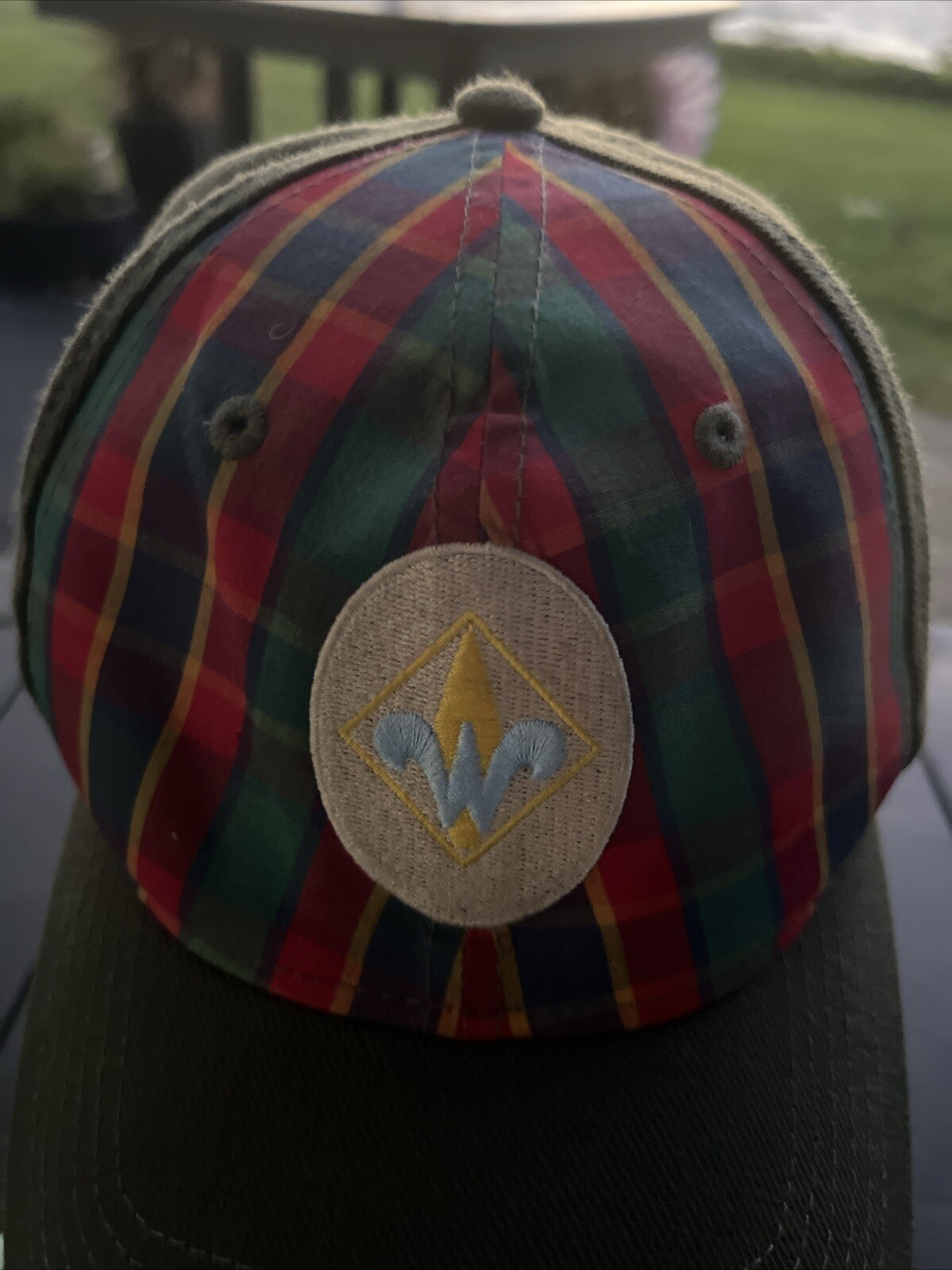 Weblos Olive Green with Plaid and Patch Hat Cap Uniflex Size M/L EUC