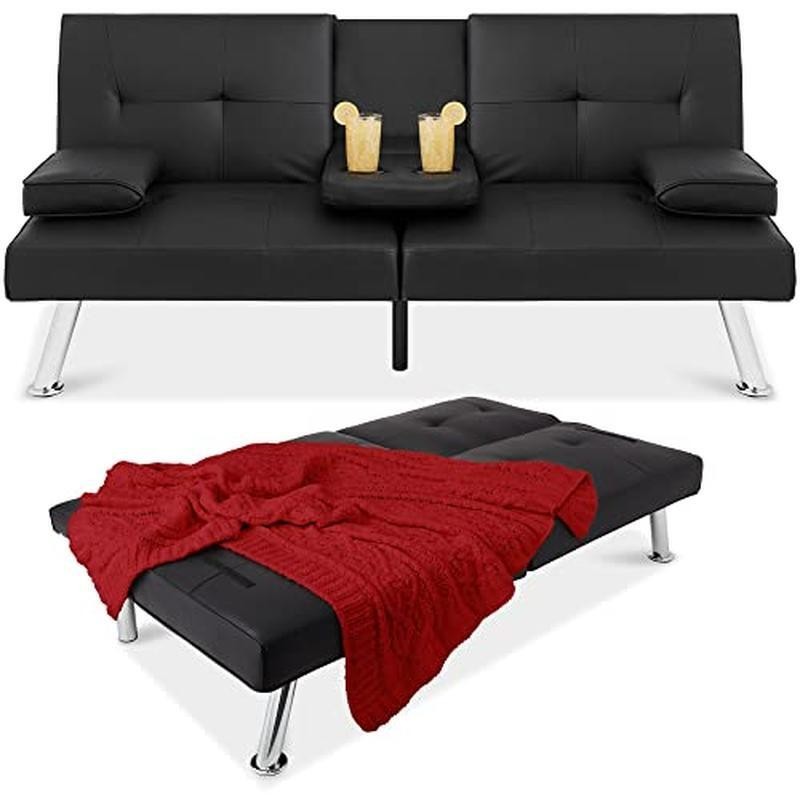 Adjustable Futon Sofa Bed Convertible Couch W/ Cupholders Removable Armrests New