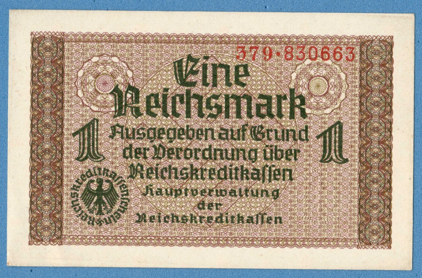 GERMANY LATVIA 1 REICHSMARK 1940-45 EAGLE W/H SWASTIKA P. R136a UNC 606