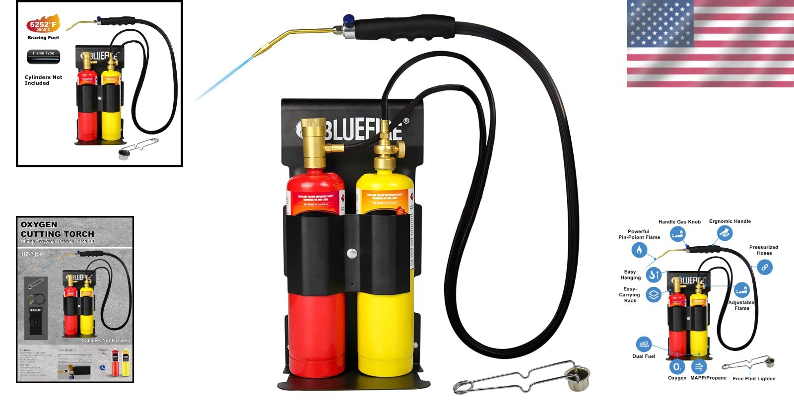 Cutting Torch Kit with Cylinder Holder Rack - Powerful Flame