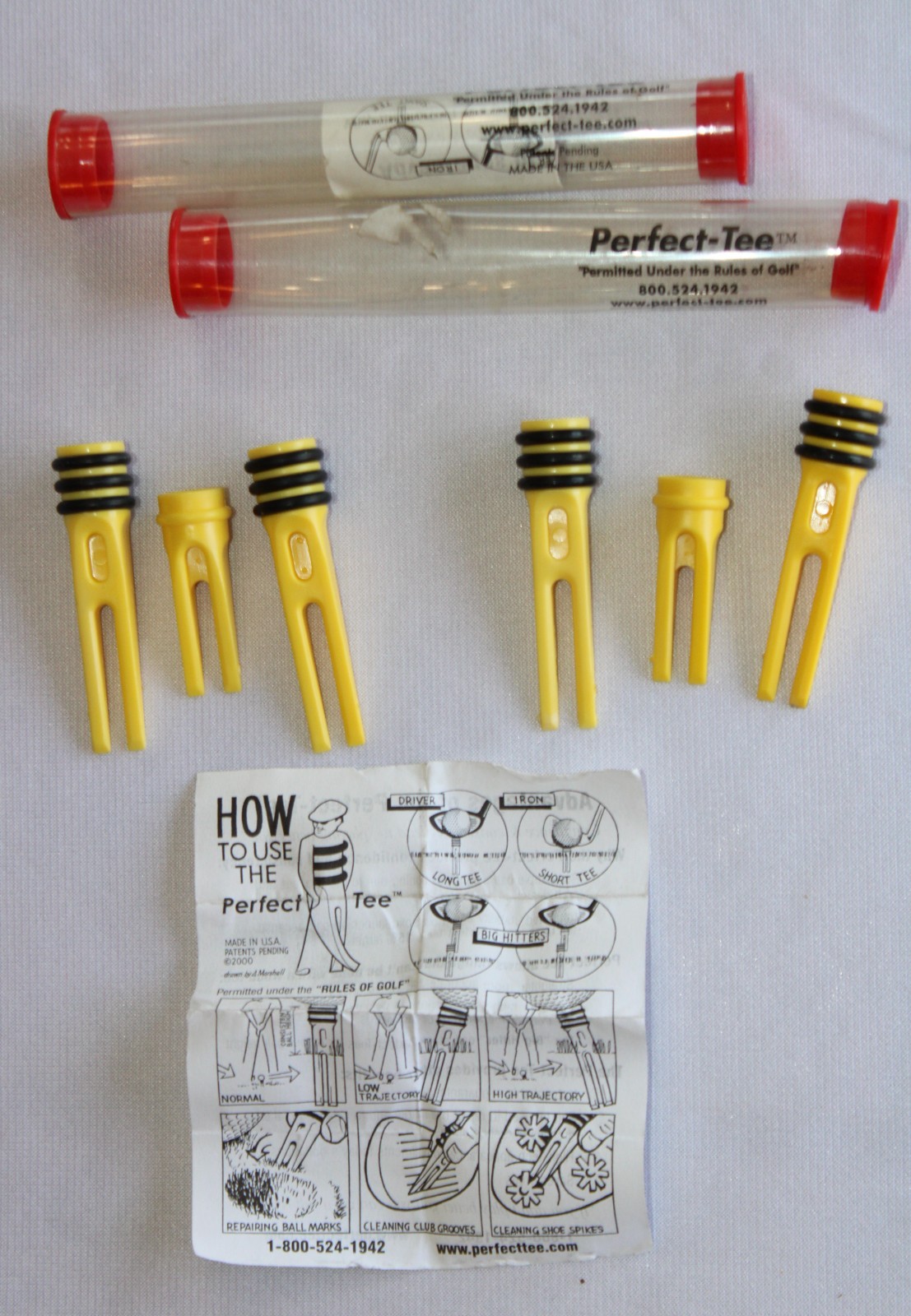 LOT OF 2 VINTAGE NOS  'THE PERFECT TEE' GOLF TEES TUBES (6 TEES) INSTRUCTIONS