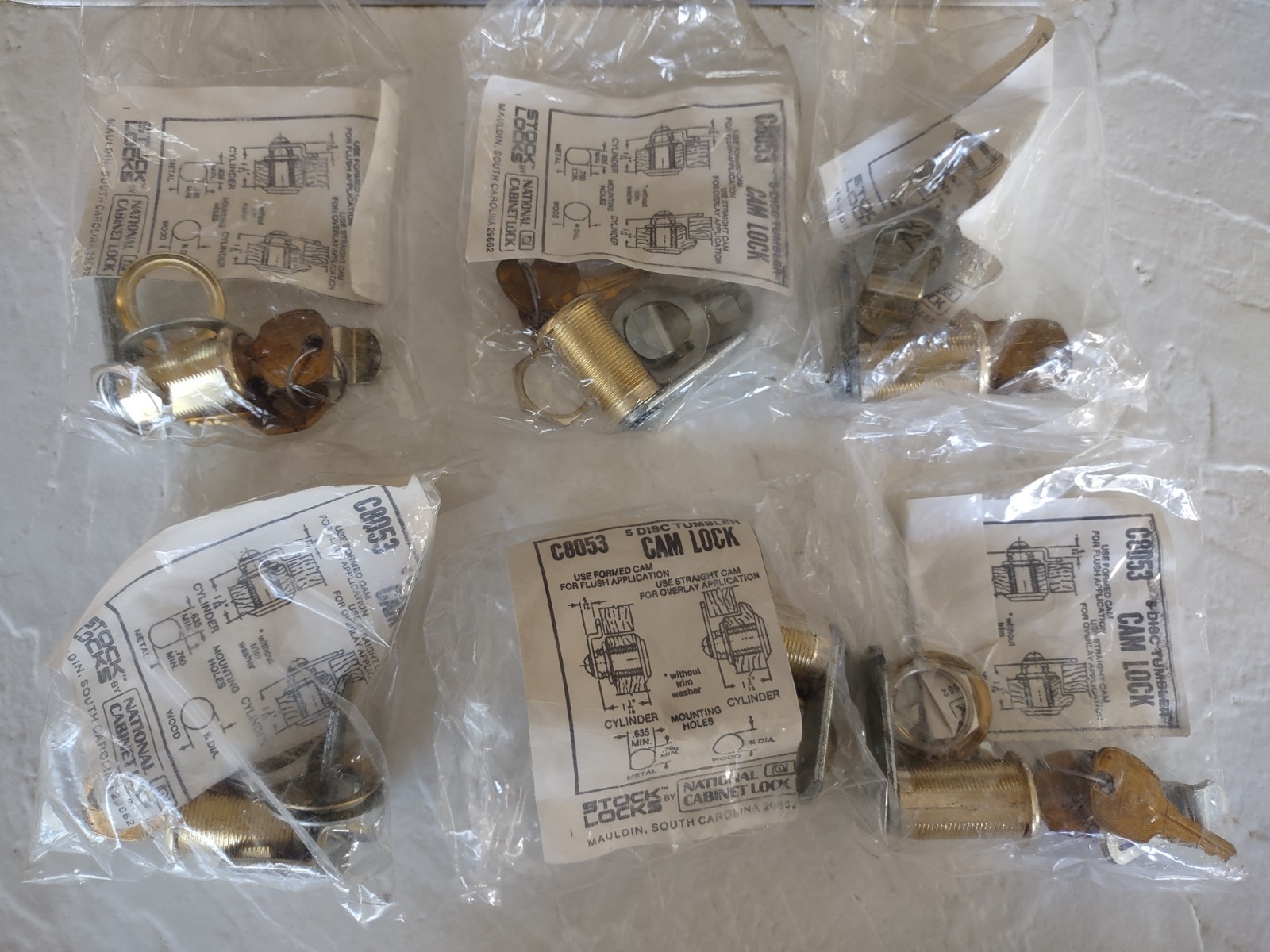 Lot of 6 C8053 Cam Locks Keyed Brite Brass Finish Stock Locks National Cabinet