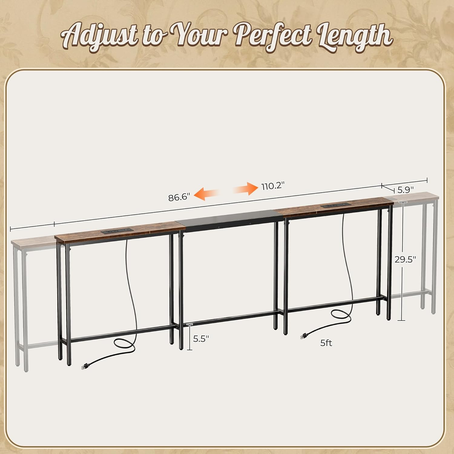 Narrow Sofa Table with 2 Power Outlets, 86.6-110.2 Inch Adjustable Length, behin
