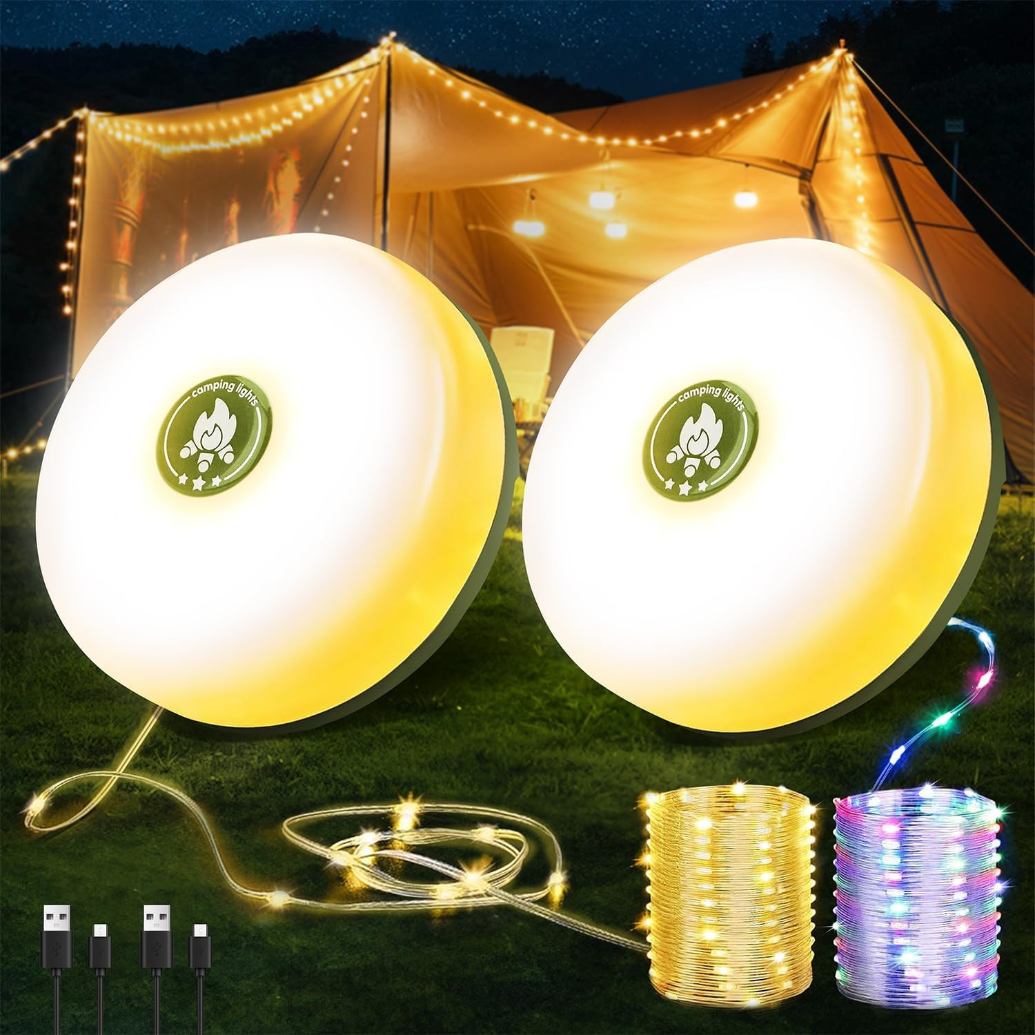 2-Pack Camping String Lights | Rechargeable 4 in 1 Quick Storage 32.8FT Tent Lig