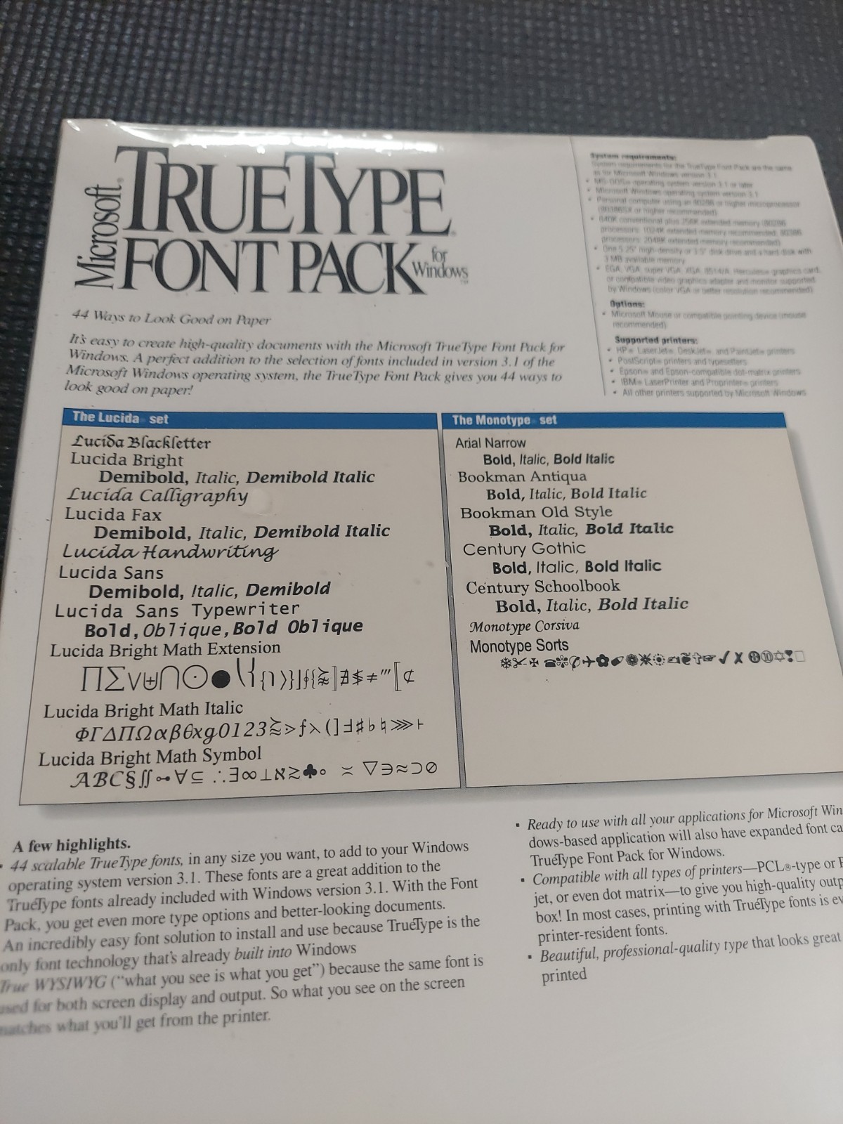 Microsoft TrueType Font Pack for Windows 44 Fonts Sealed New