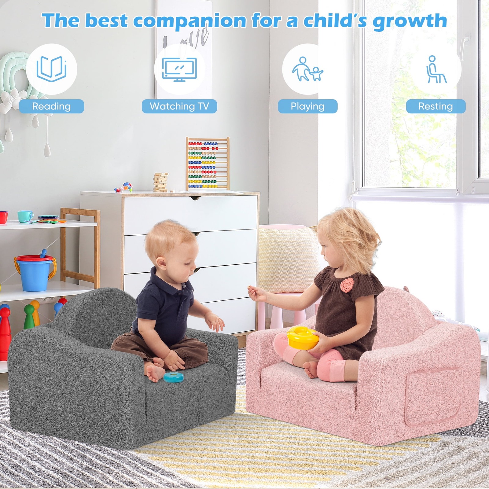 Kids 2-in-1 Toddler Couch Fold-Out Soft Convertible Chair Deep Gray Unisex