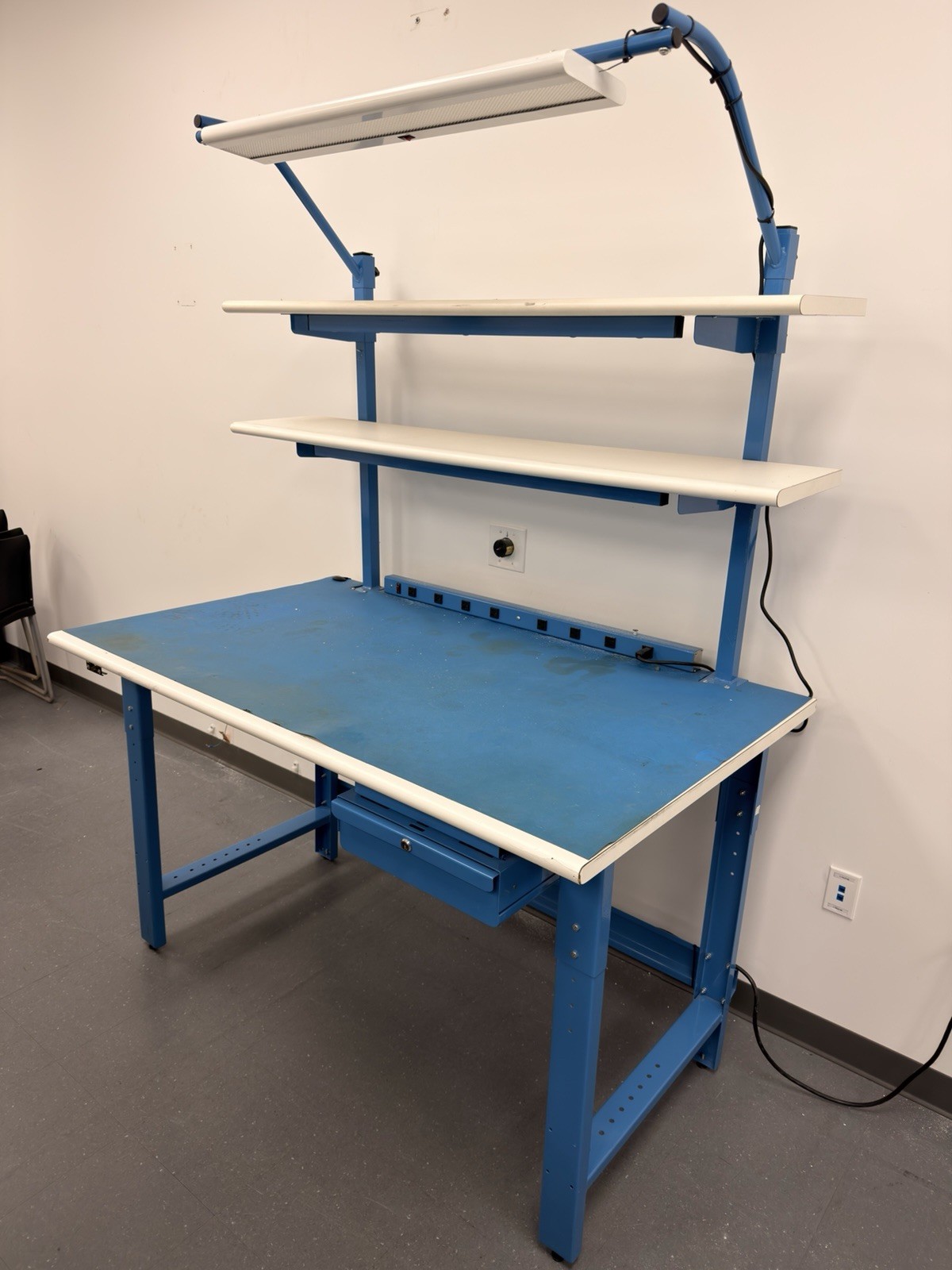Blue Metal Assembly Workstation w/ Shelves, Storage Drawer & Overhead Light