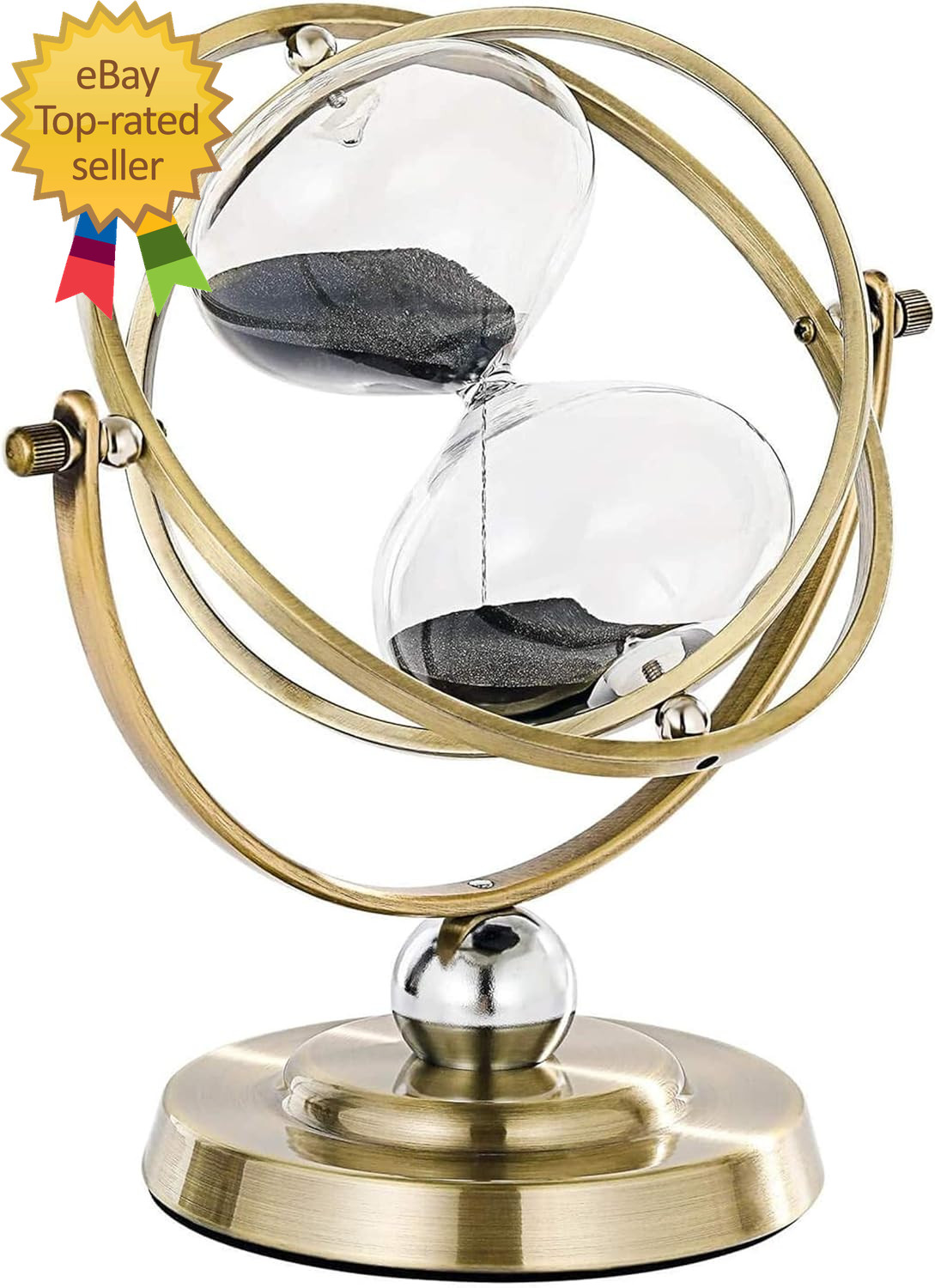Large Brass Hourglass Timer 60 Minutes Antique Rotating Black Sand Clock Vintage
