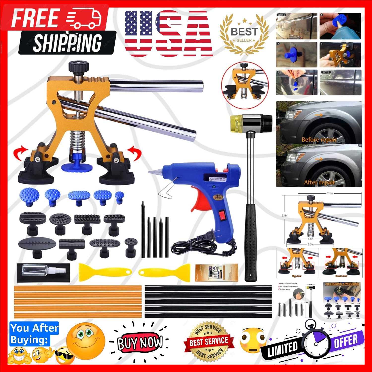 Auto Body Dent Repair Kit, Car Dent Puller with Golden Dent Puller for Auto B...
