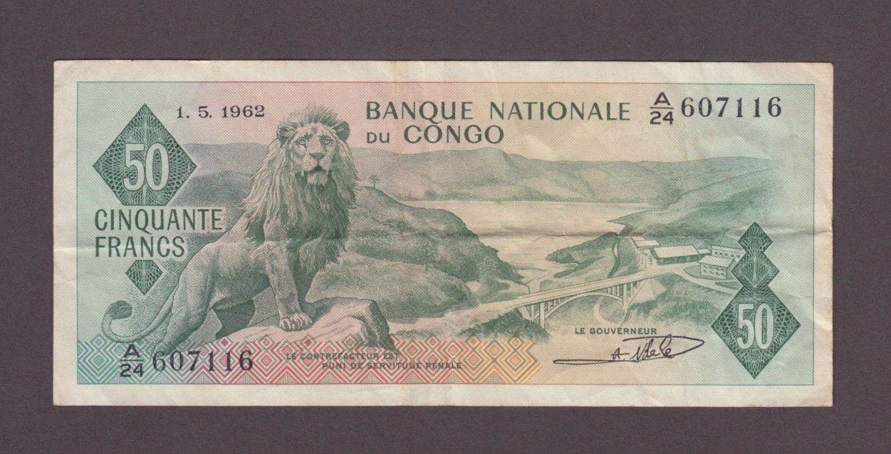 CONGO DEMOCRATIC REPUBLIC P.5a-7116. 50 FRANCS 1.5.1962. VF WE COMBINE 2607
